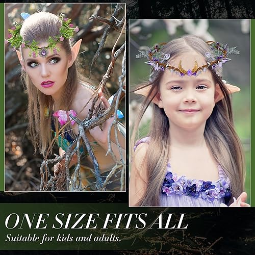 Miniatura 4 de Juego de 6 orejas de elfo y corona de hadas, orejas de hada de látex, hojas de hada, diamantes de imitación, diadema de flores de elfo, diadema de