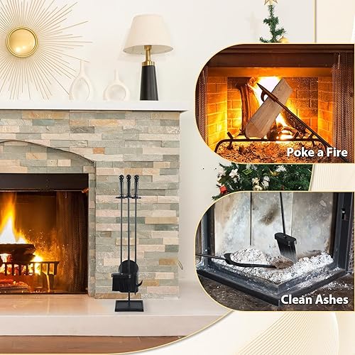 Miniatura 6 de FEED GARDEN Juego de herramientas para chimenea, moderno para interiores y exteriores, de hierro forjado, accesorios incluidos, póker, pala,