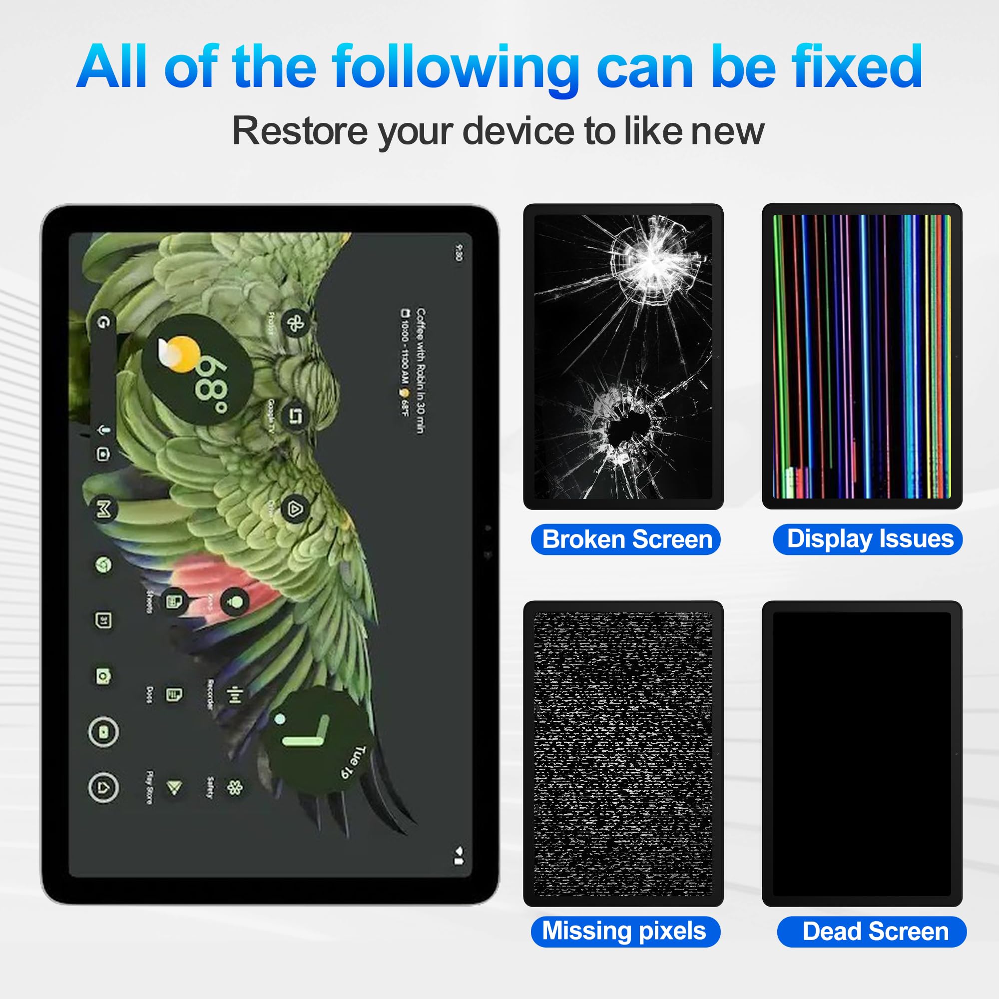 Display LCD da 10,95", compatibile con Google Pixel Tablet 11 pollici 2023, display LCD touch screen digitalizzatore, montaggio con kit di strumenti di riparazione, bianco