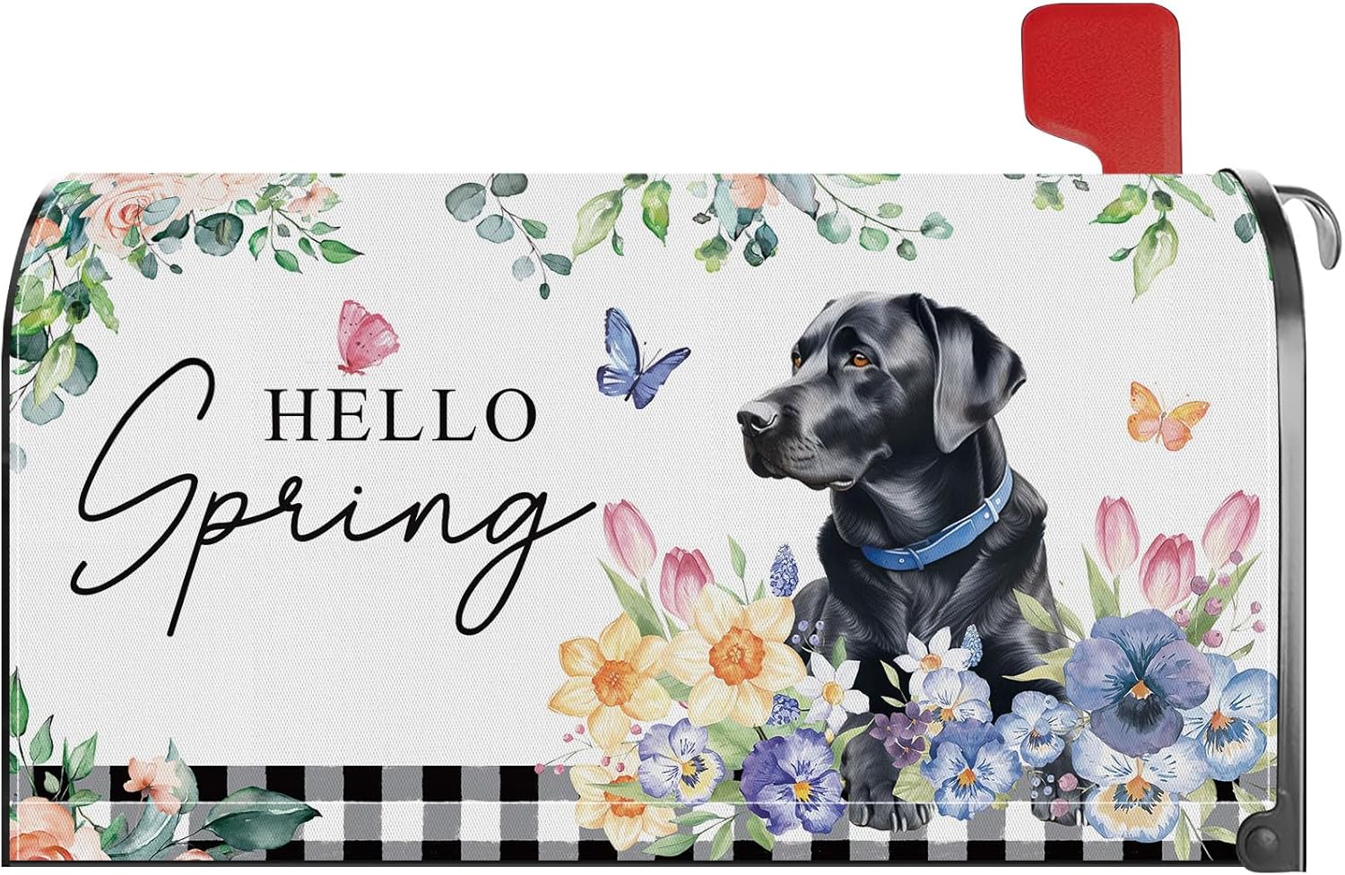 Hello Spring Black Labrador Dog Tulip Floral Mailbox Cover Magnetic Standard Size 21x18 Inch Post Letter Box Wrap Garden Yard Home Decor