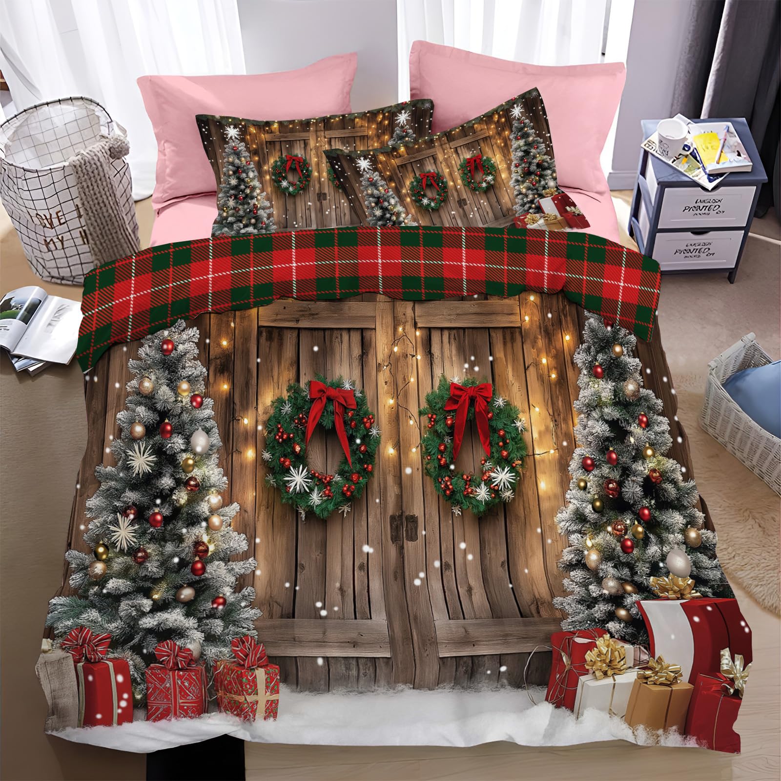 Couette 240x220 réversible avec motif porte en bois rustique pour lit double