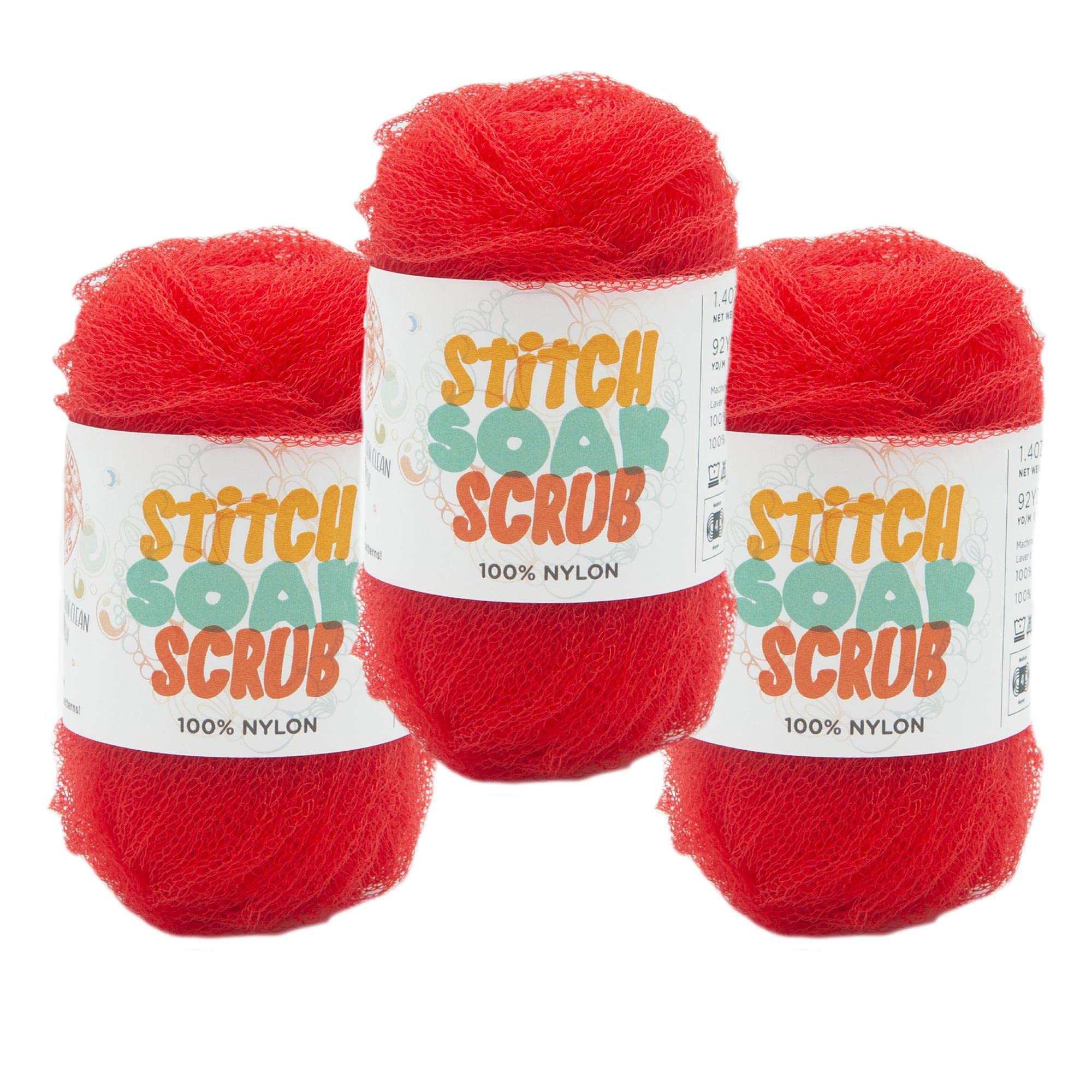 (3 Pack) Lion Brand Yarn Stitch Soak Scrub Nylon Yarn for Crafts, Poppy Red