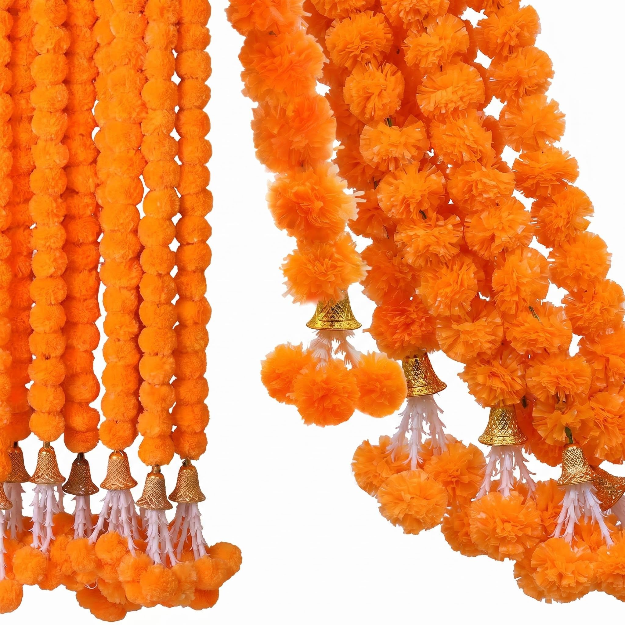 6 Pcs Orange Artificial Marigold Flowers Bells Tassel Pendant 5.2 Ft/1.6M