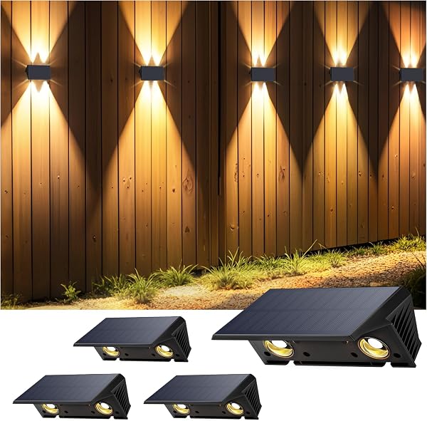 IIRARA Applique Solaire Extérieur,4 Articles Haut & Bas Applique Murale Solaire Blanc Chaud 1500mAh Lampe Solaire Murale Extérieur IP67 Étanche Spot Sans Fil Lumière 100 Lumens pour Clôture Jardin - 1