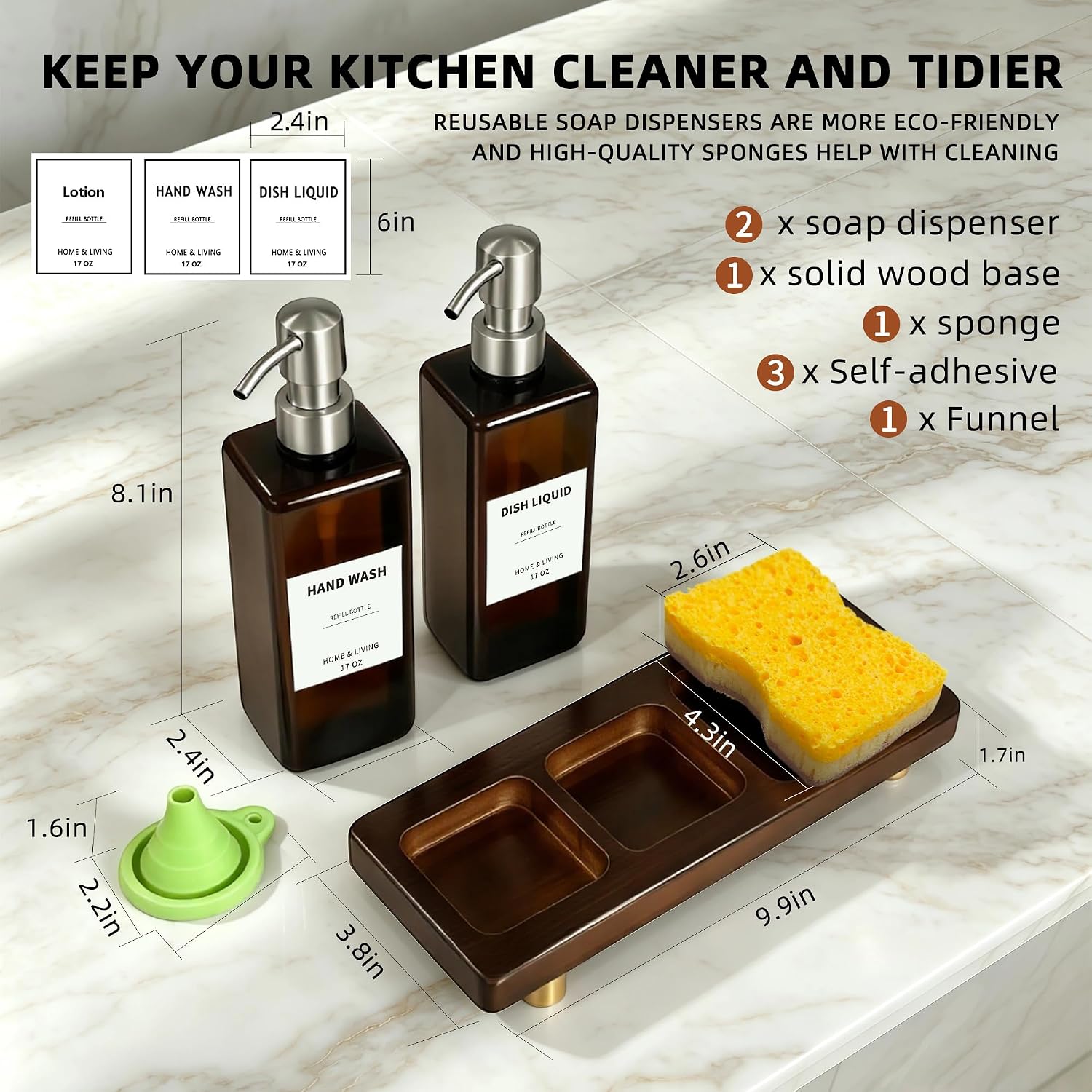 Kitchen Soap Dispenser Set for Sink, 2 Pack 17oz PET Dish Soap & Hand Soap Dispensers with Stainless Steel Pumps, Refillable Amber Bottles with Solid Wood Tray & Sponge
