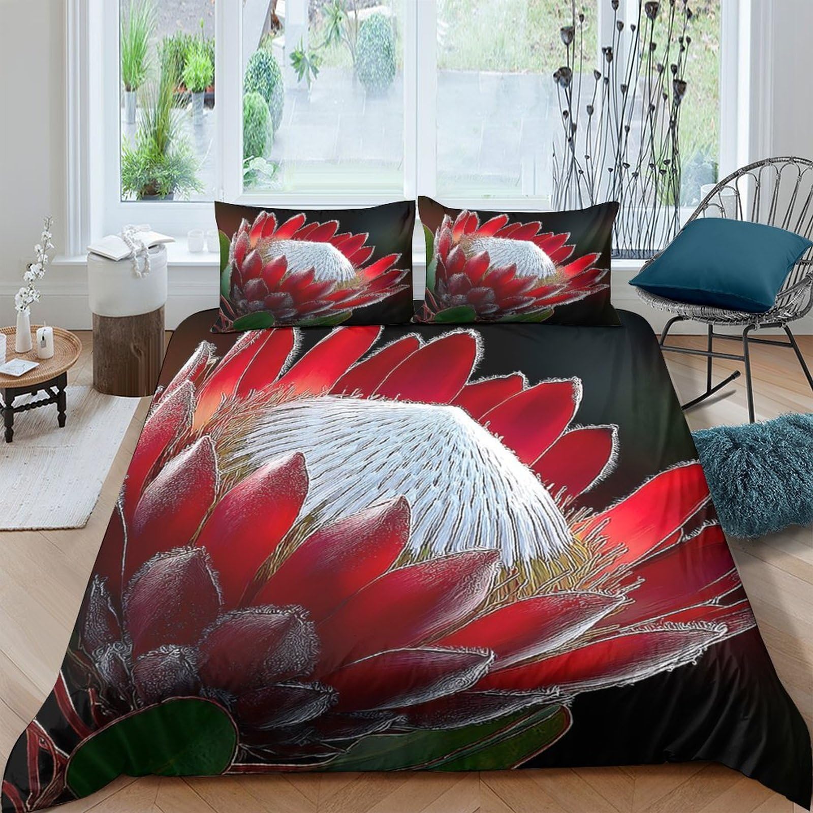 Ctjqhvkz Style-1 3D Printed Red Protea Flower Fitted Sheet Microfiber Anti-Slip Bed Cover For Bedroom Dorm Easy Care Decor Single（135X200cm）