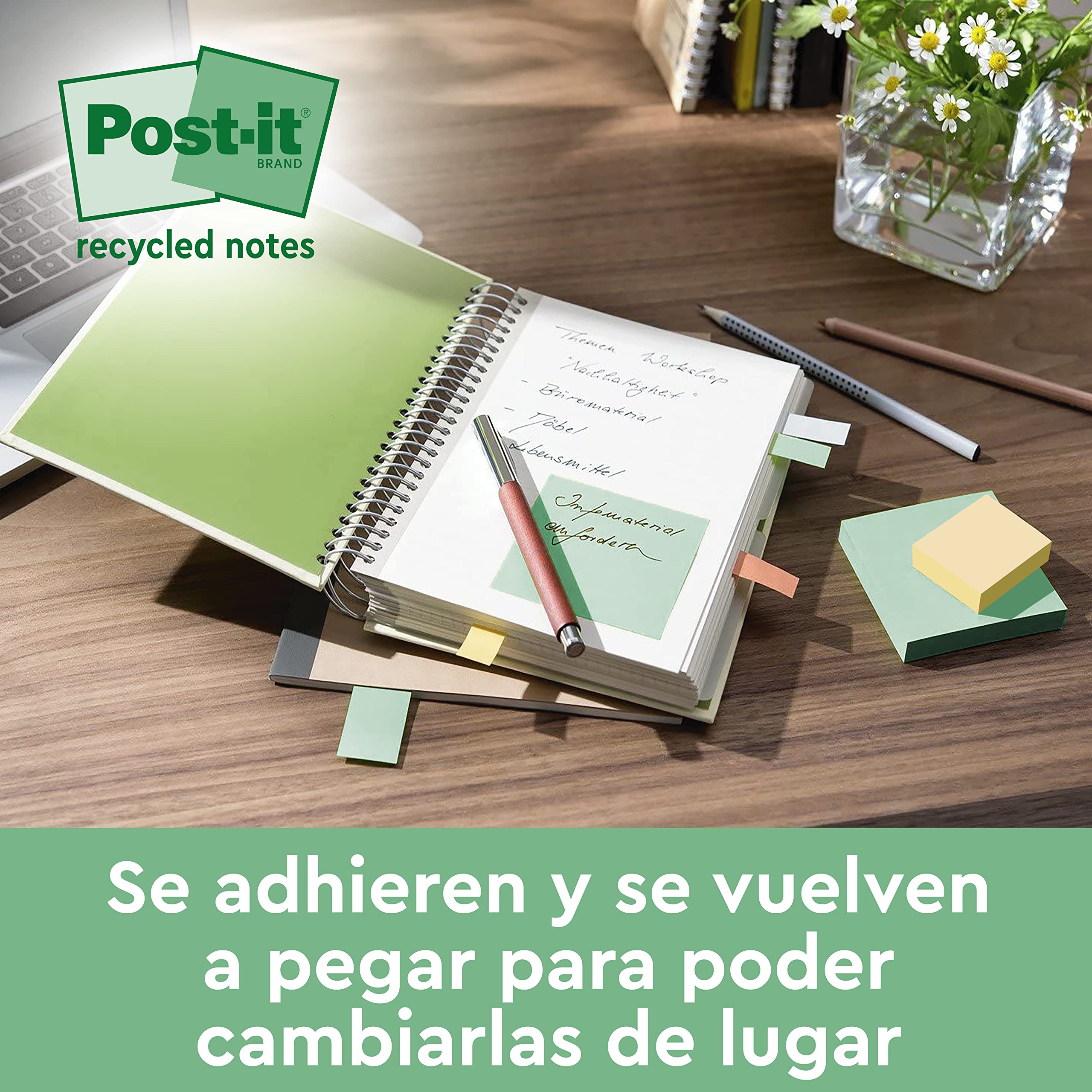 Post-it Notas Recicladas - Paquete de 16 Blocs, 100 Hojas por Bloc (76 mm x 127 mm) - Verde, Rosa, Azul y Amarillo - Notas Autoadhesivas Hechas de Papel 100% Reciclado