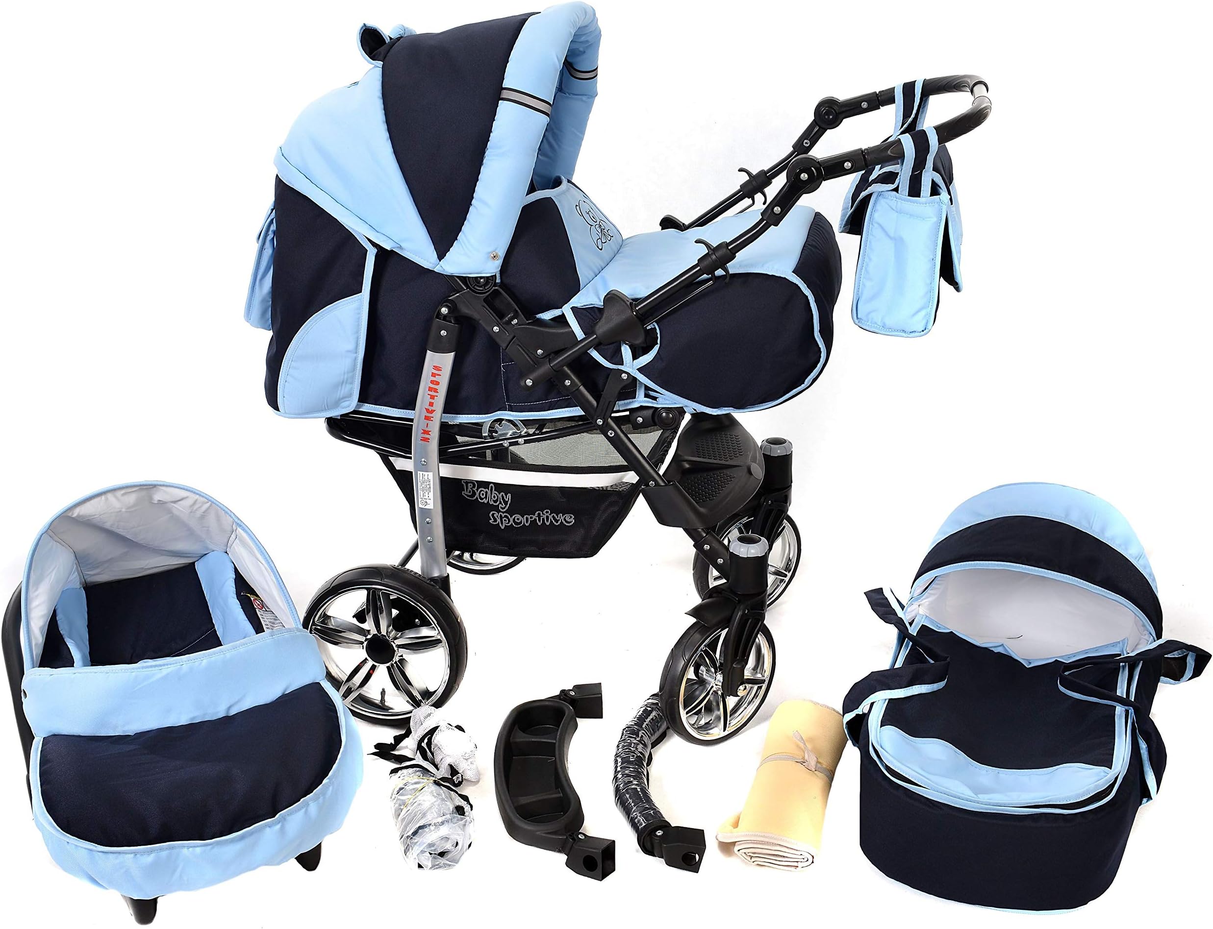 Sportive X2, 3-in-1 Travel System incl. Baby Pram with Swivel Wheels, Car Seat, Pushchair & Accessories (3-in-1 Travel System, Navy-Blue & Blue)