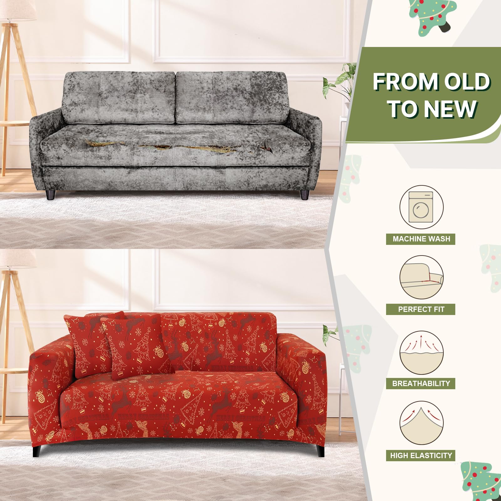 Lydevo Copridivano Elasticizzato Natale 3 Posti Fodere Copri Divano con Braccioli con 2 Copricuscini Moderno Copridivano Fantasia Universale Lavabile Divano Protector,Natale Oro Rosso