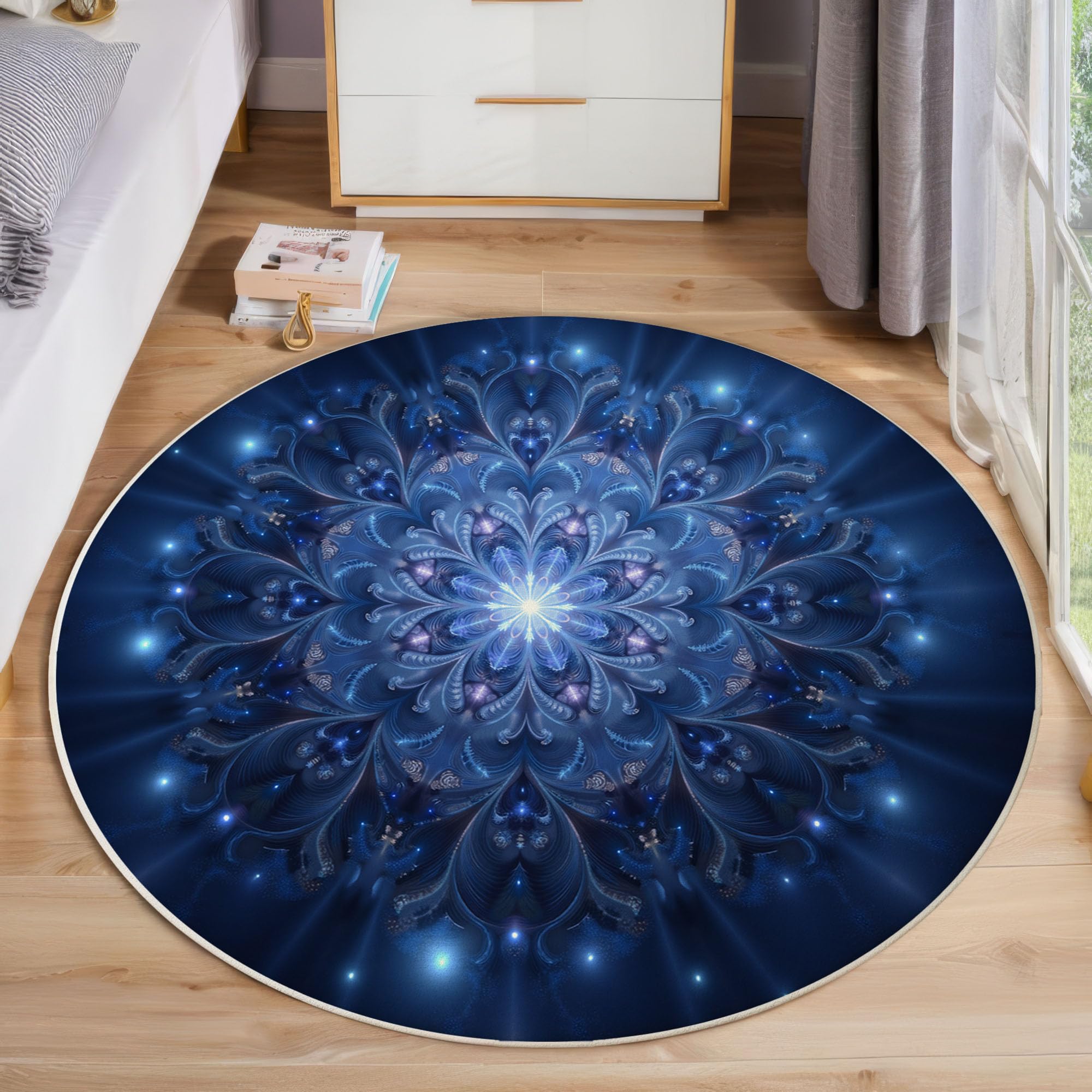Tapis Rond Étoiles Mandala pour Salon, 120cm Circulaire Tapis Style Cosmique Mystérieux Douce Lavable Et Antidérapante pour Chambre Intérieure, Bleu Profond