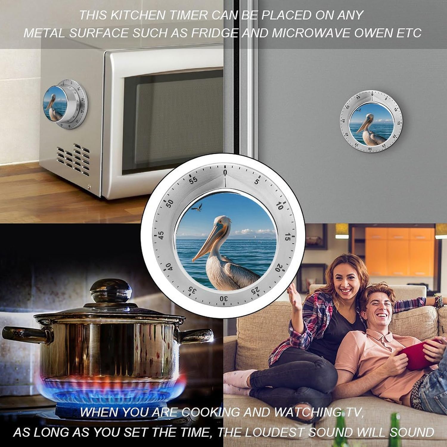 Pelican Bird Blue Sea Timer Stainless Steel Kitchen Timers Waterproof & Rust-Proof 60 Minute Mechanical Timer with Loud Alarm for Cooking, Baking, Fitness