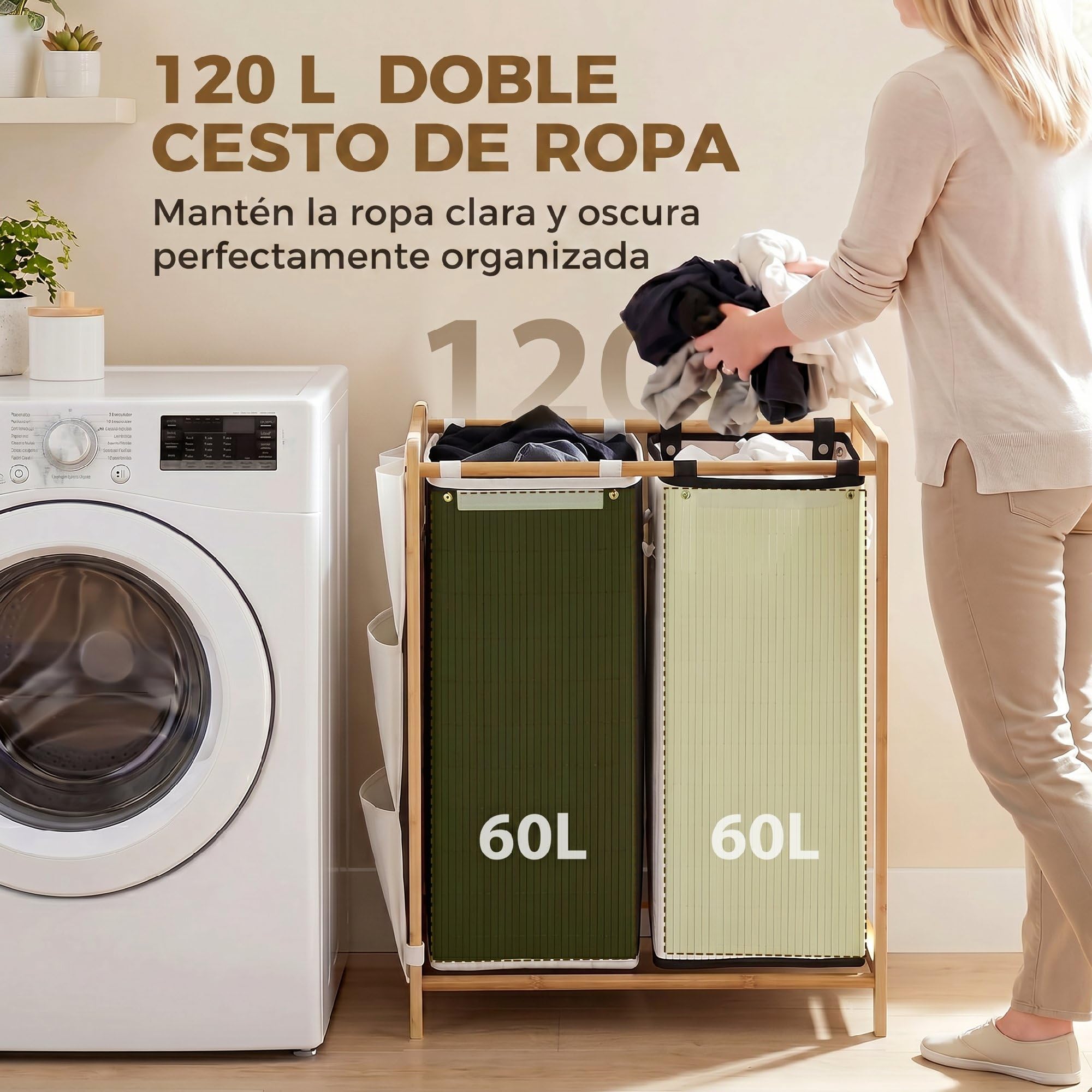HOMCOM Cesto de Ropa Sucia con Tapa, 120L, 63x33x78 cm, Blanco y Negro | Cesta de Ropa Sucia de Bambú,2 Compartimentos,Bolsas Extraíbles y Lavables con Cordón,Bolsillos Laterales,para Lavandería