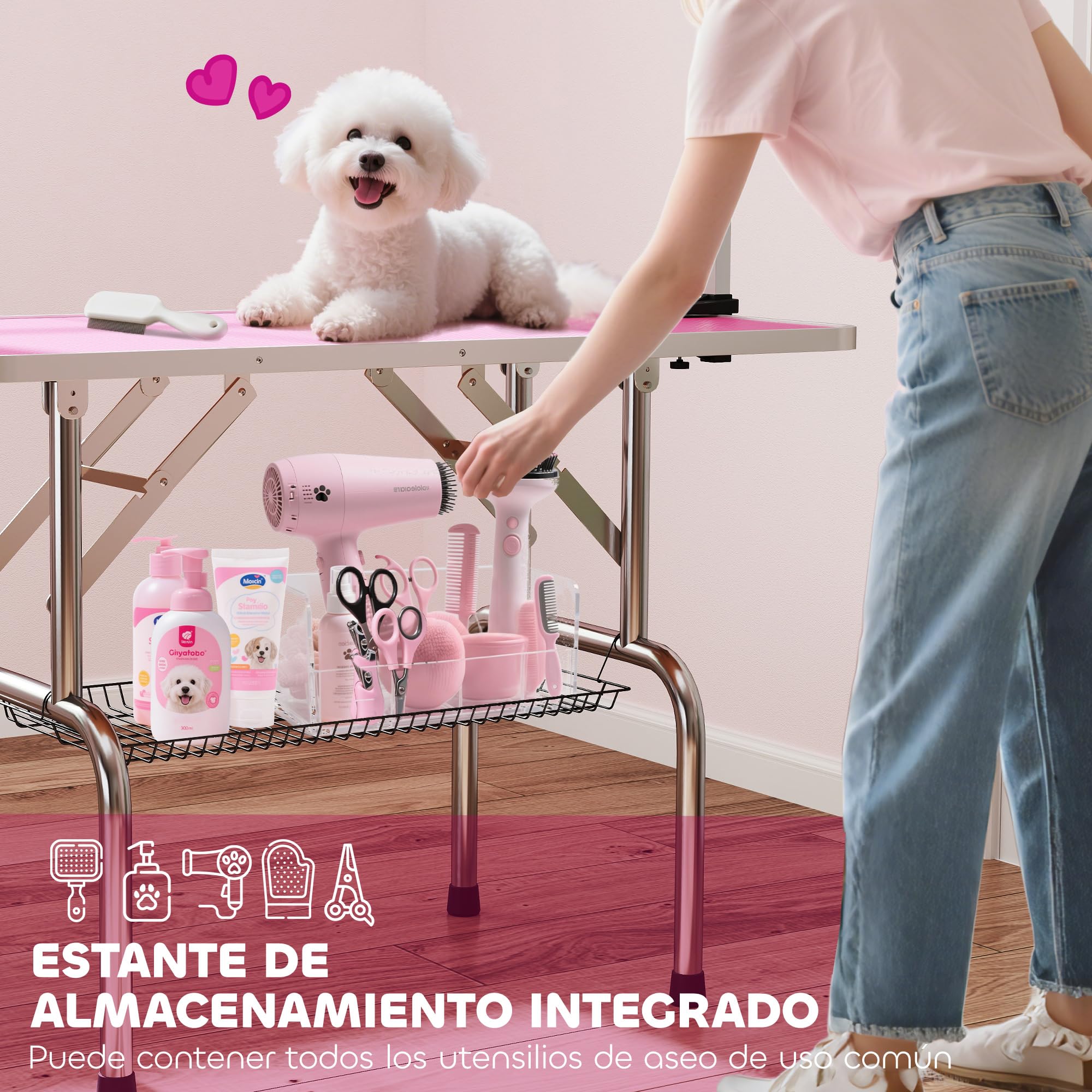 PawHut Table de toilettage pliable, table de toilettage avec panier en métal, plan de travail antidérapant, barre réglable en acier inoxydable, pour chiens, chats, 107x60x164 cm, rose