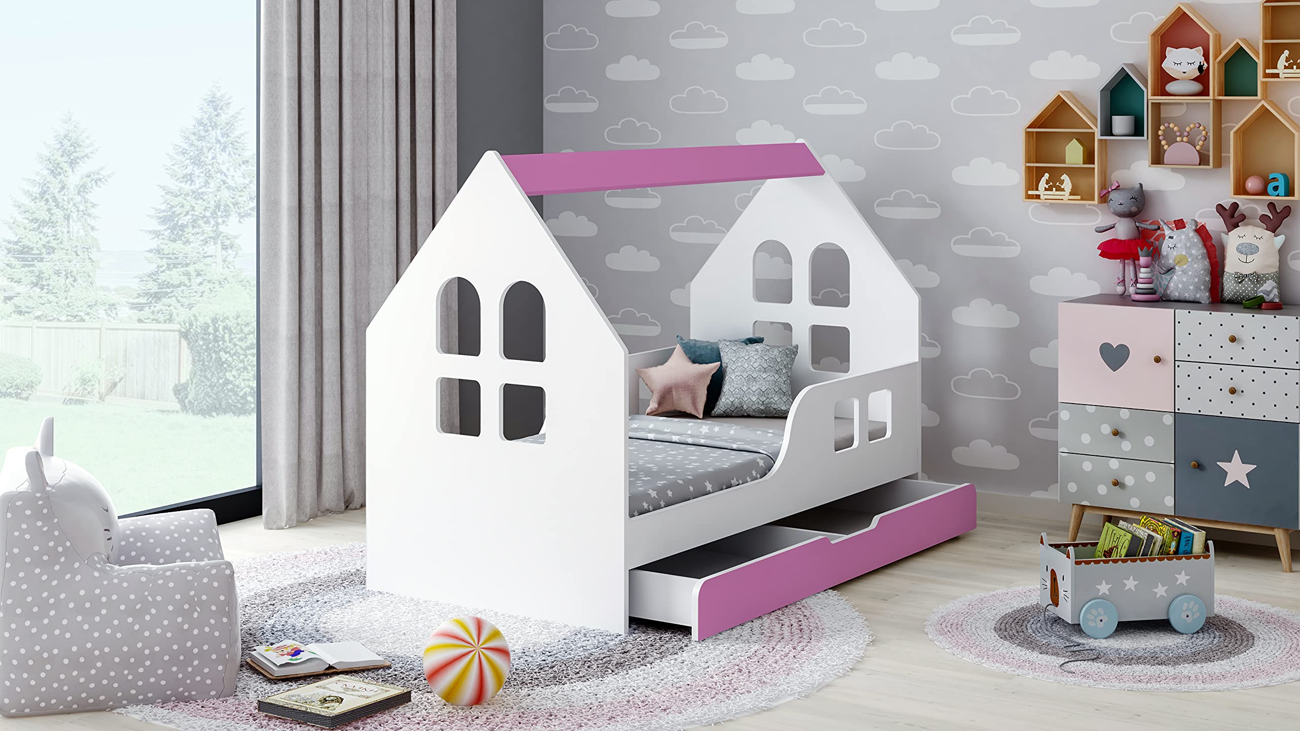 BDW Cama infantil con cajón 140 x 70 cm, diseño moderno con bordes seguros