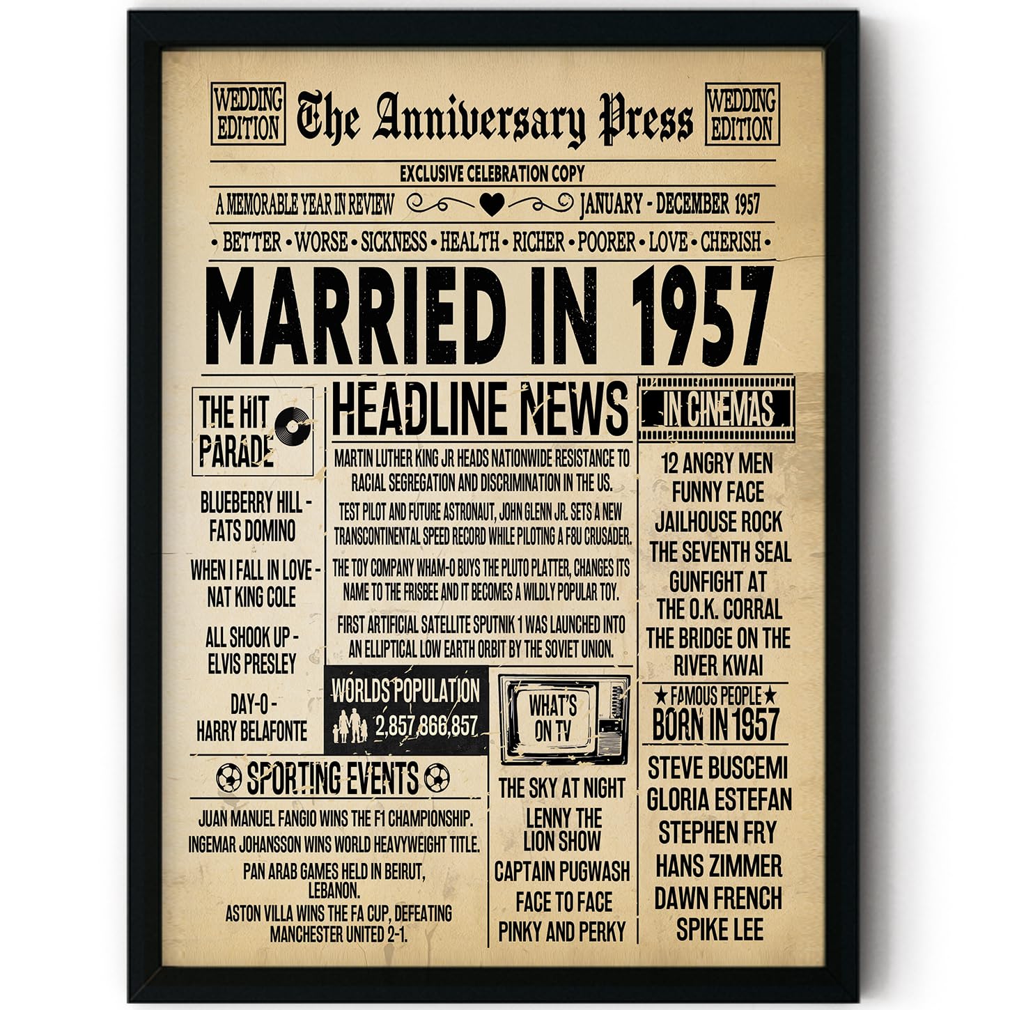 Stuff4 Men's 1957 69Th Anniversary Poster Framed - Married In Newspaper - 69 Wedding Anniversary For Wo Retro Vintage Gifts Back In 8X10 Inch Anniversaries Posters