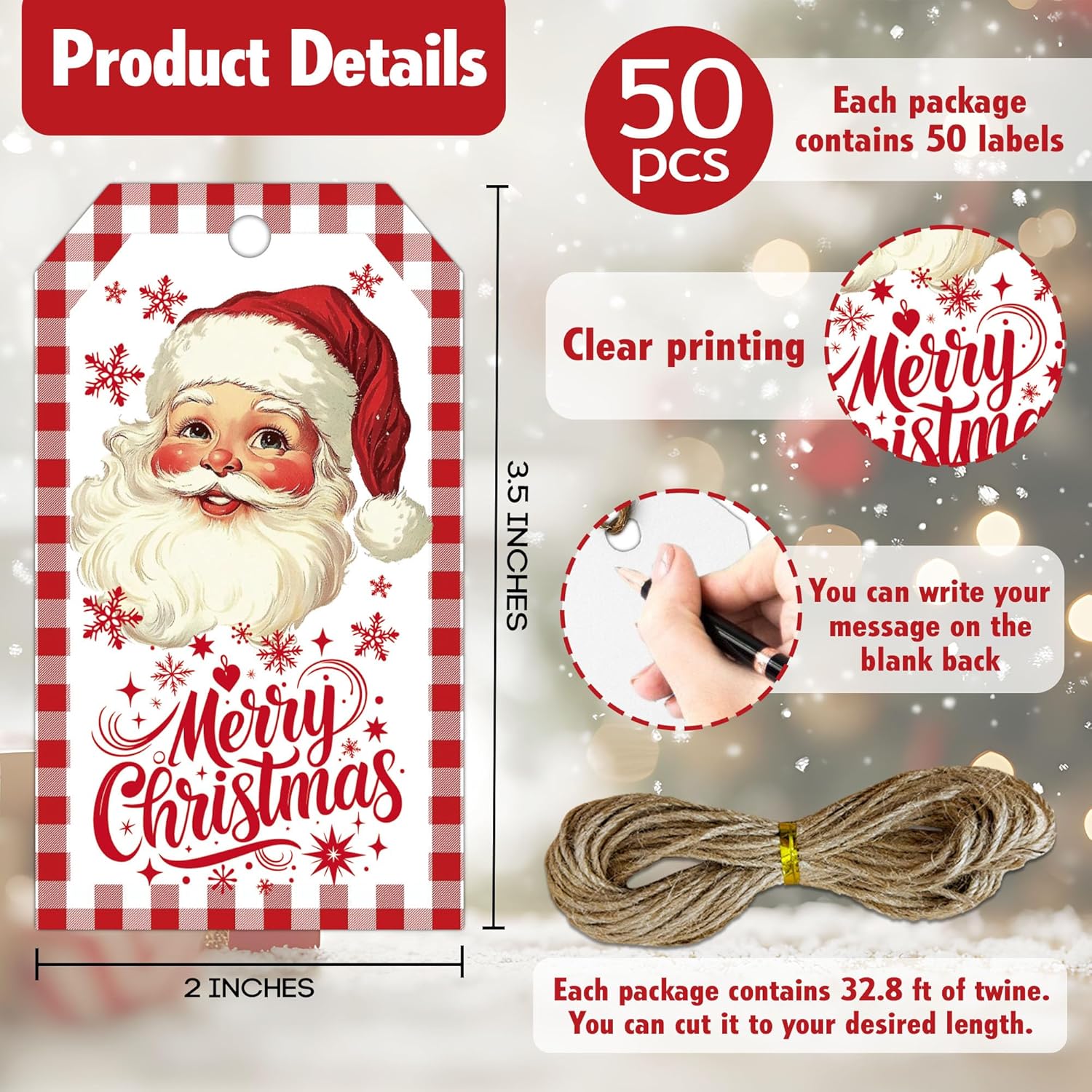 Merry Christmas Gift Labels with String, 2x3.5 Inches Christmas Santa Claus Paper Tags, 50PCS Buffalo Plaid Gift Tag for Xmas Presents, Holiday Wrapping Party Favor Decor Supplies-A01 - Image 2
