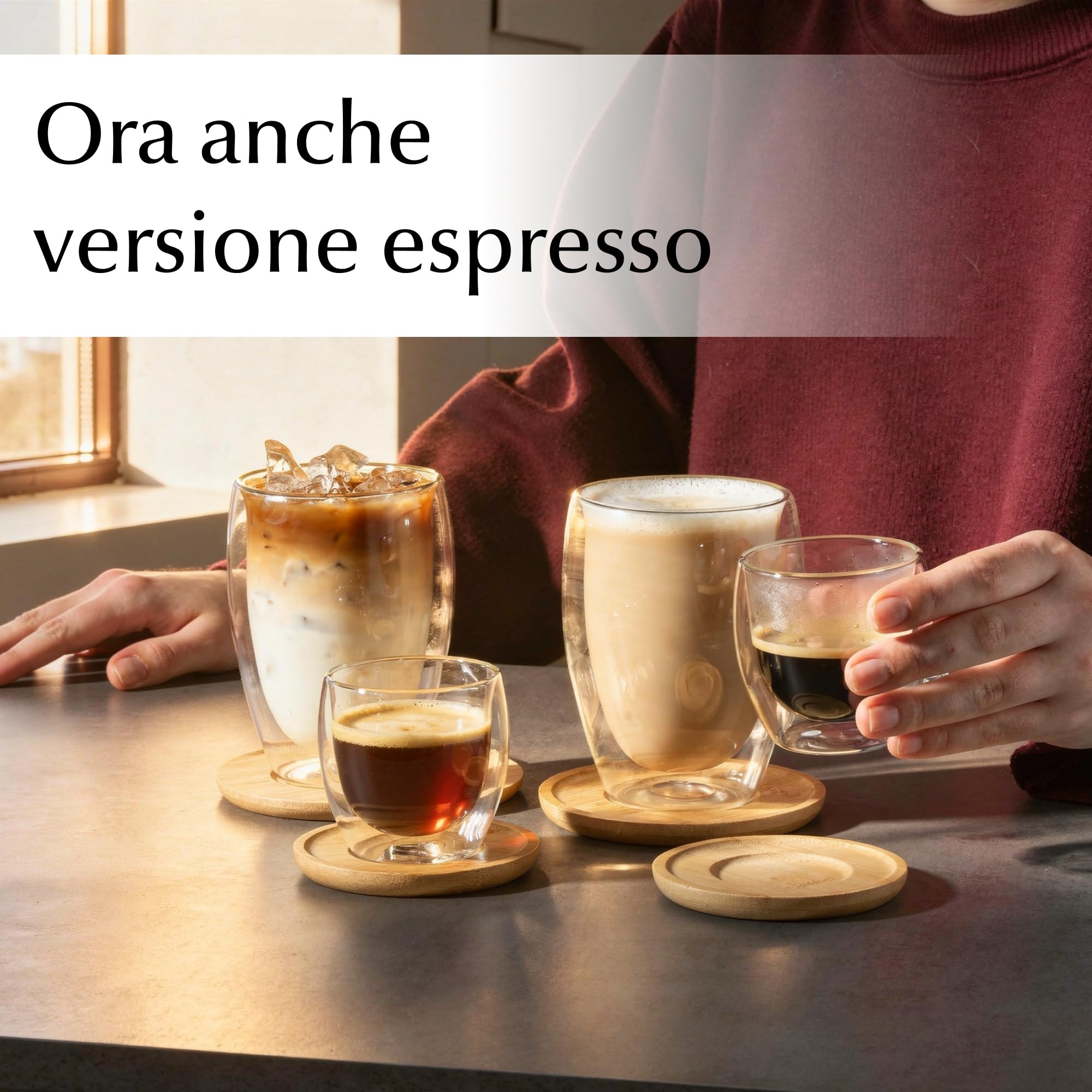 MIAMIO - Set di 6 bicchieri latte macchiato/bicchieri termici a doppia parete/senza manico/con piattino/bicchieri da cappuccino/pareti spesse/in vetro borosilicato (350 ml)