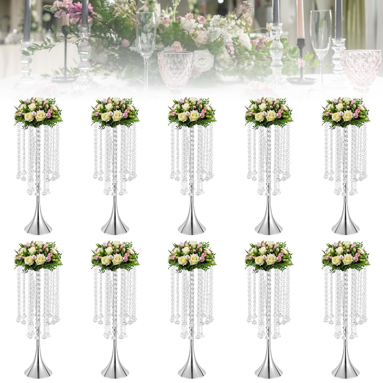 10Pcs Luxurious Acrylic Crysta Flower Stand, Wedding Centerpieces on Floor, 21.9in Iron Pedestal Stands, Tabletop Vase, for Wedding Party, Dinner Event, Hotel/Home Decor