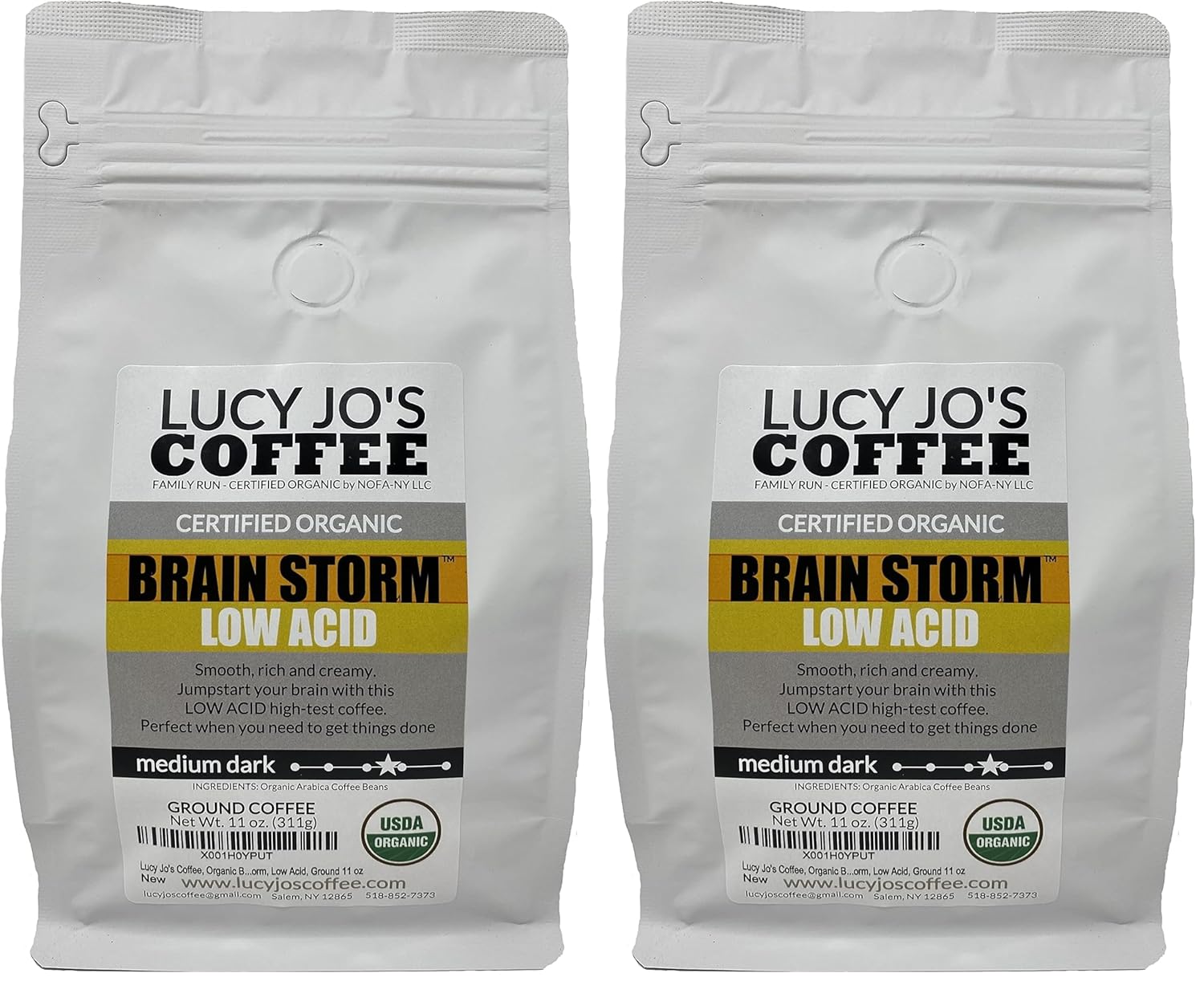Lucy Jo's Coffee, Organic Brainstorm, Medium Dark Roast, Low Acid, Ground 11 oz (Pack of 2)