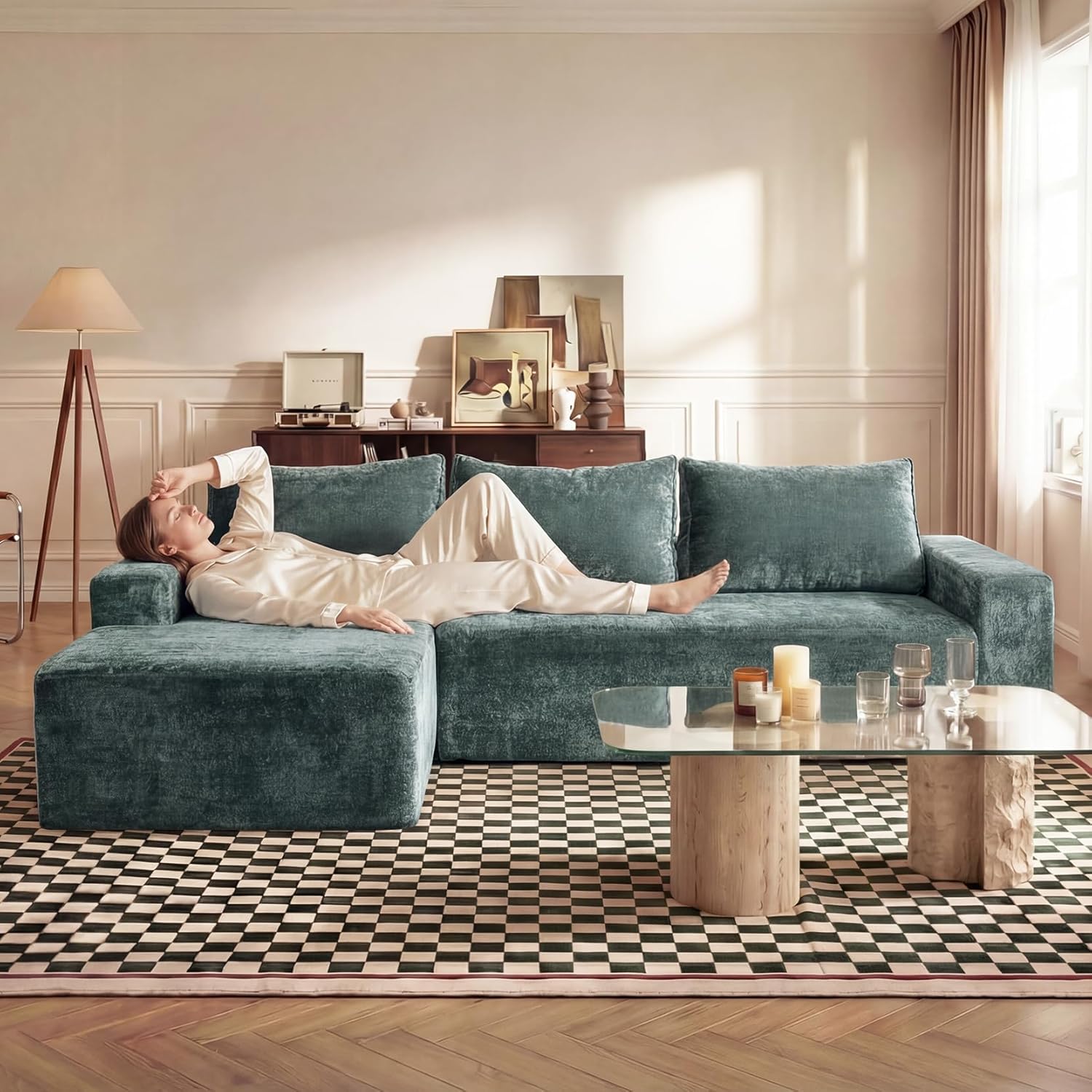 Vesgantti 95" Boneless Couches for Living Room, L-Shape Sectional Couch with Chaise in Corduory | Memory Foam | No Assembly Required, Deep Seat Cloud Modular Sofa for Apartment, Office (Green) | Memory Foam Couch, Scratch-Proof, Breathable Fabric, Non-Slip Bottom, Side Pocket