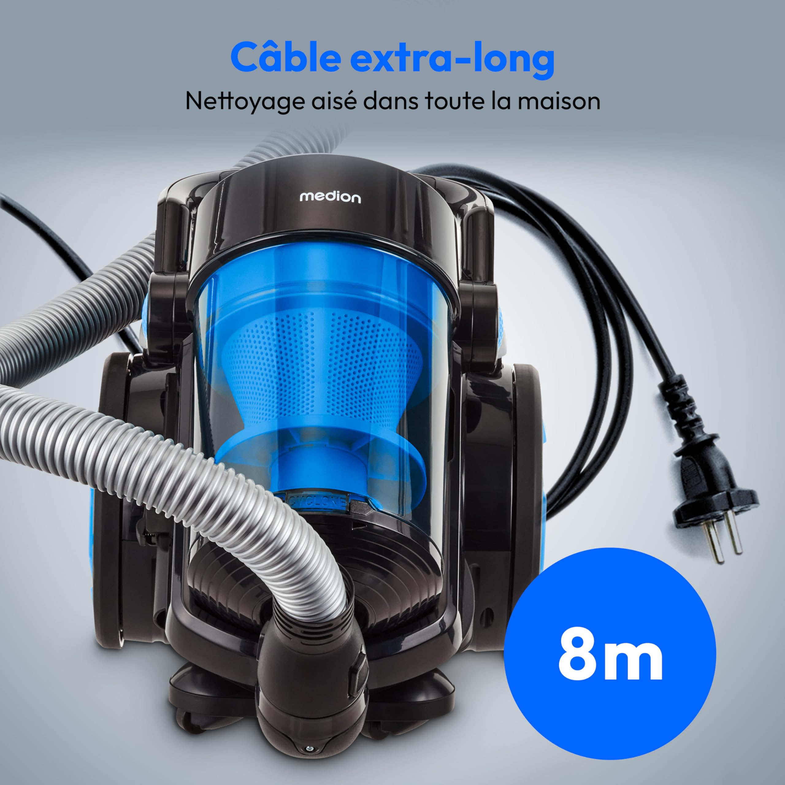 MEDION Aspirateur cyclonique sans Sac P4000 (Puissance 900 Watts, capacité du bac à poussière 4,3 litres, Filtre HEPA 13 Lavable, Rayon d'action 11 m, MD 11906) Bleu