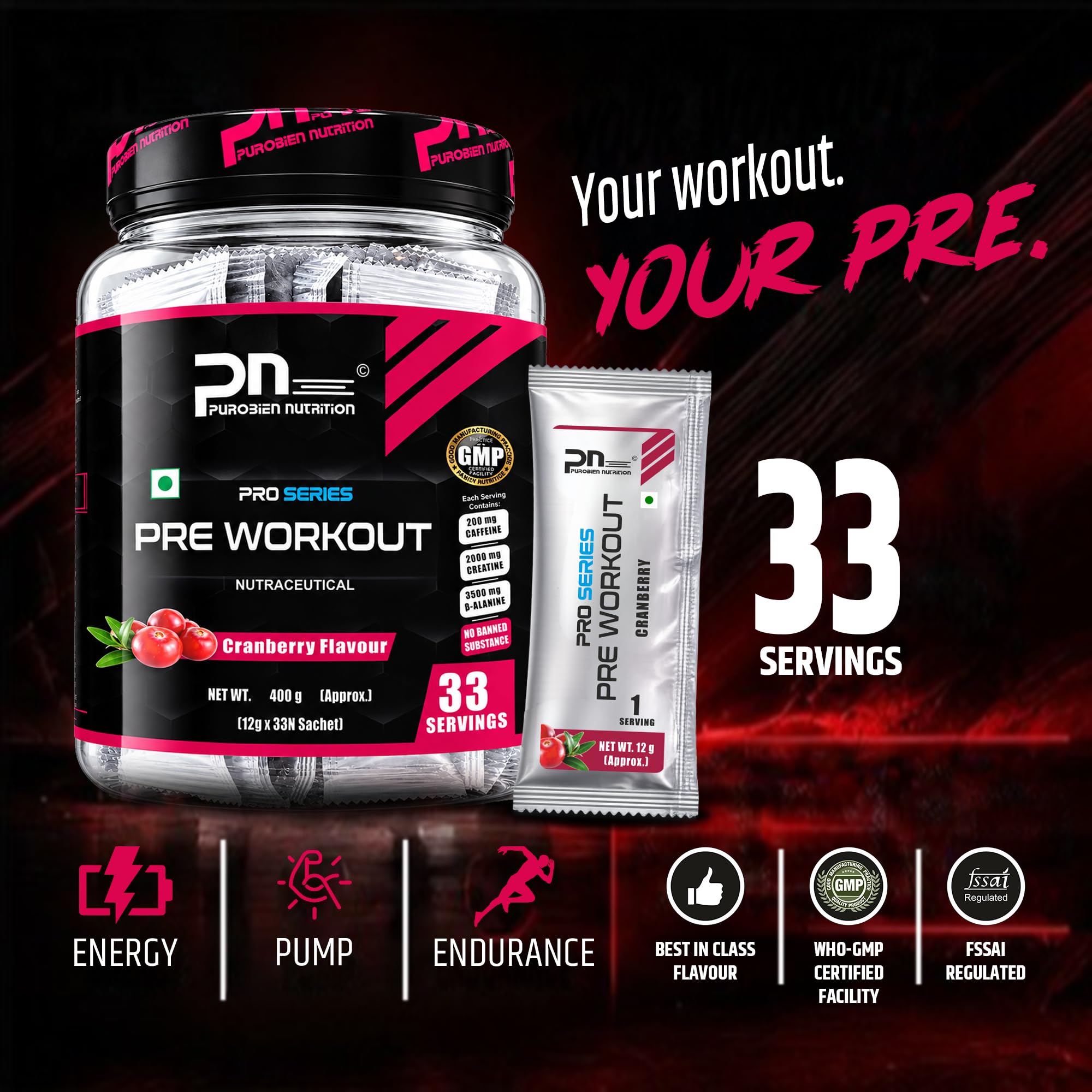Pre Workout For Men, Cranberry 400 GM, 200Mg Caffeine, 3500Mg Beta Alanine, 4000Mg Citrulline, 2000Mg Creatine,33 Servings, Powder,Pack of 1 — Amazon image 8