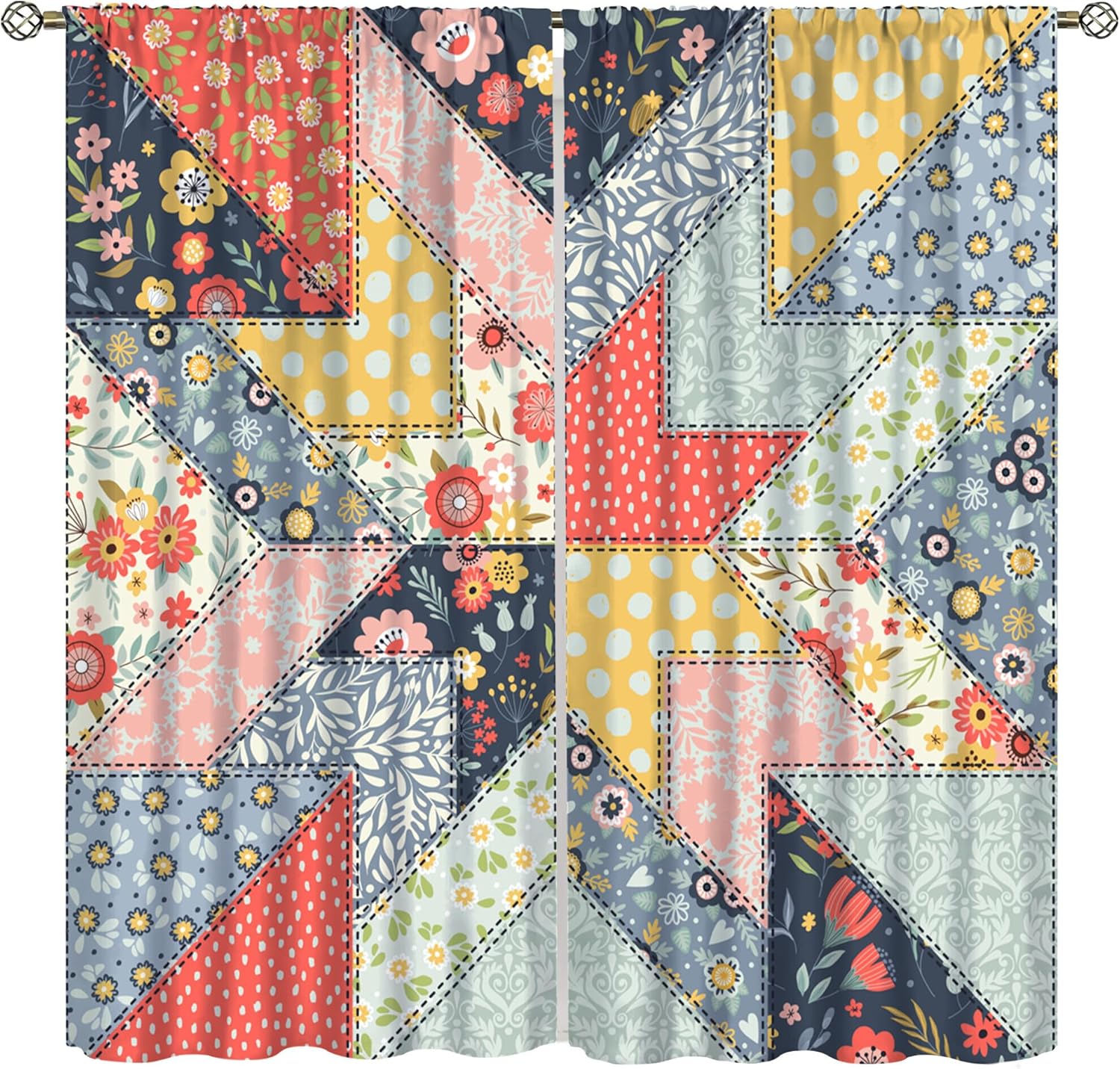 Boho Patchwork Blackout Curtains,Colorful Retro Mid-Century Floral Spring Plant Rustic Print Rod Pocket Window Treatments Drapes for Bedroom Living Room Kitchen Bath84x84in