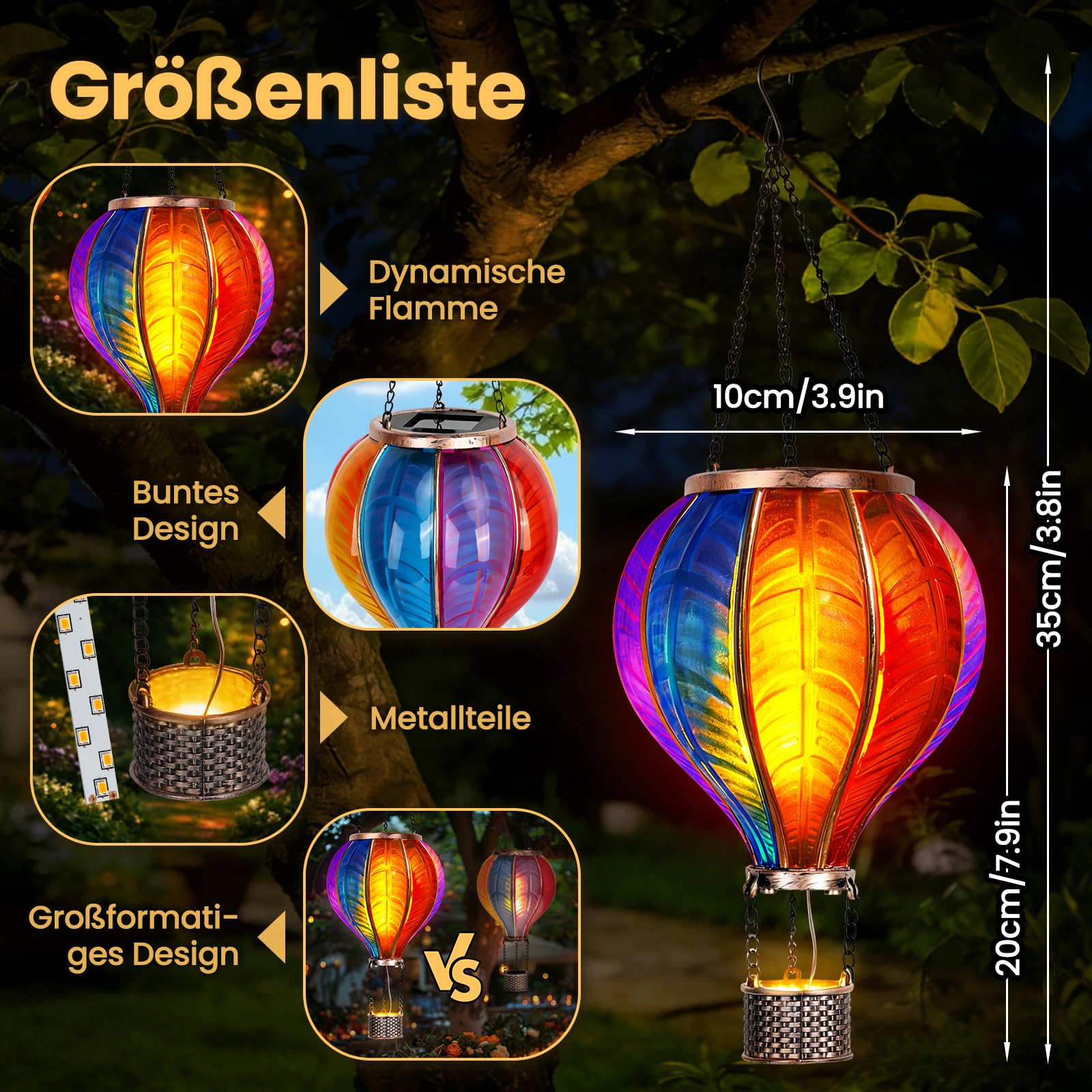 JONRRYIN 2er Solar Heißluftballon, Extra Groß 46,5x13,8 cm Solarlaterne für Außen, Heißluftballon Deko, Windlicht mit Flammeneffekt für Garten, Terrasse, Balkon & Rasen, Metall & Kunststoff (Solar)