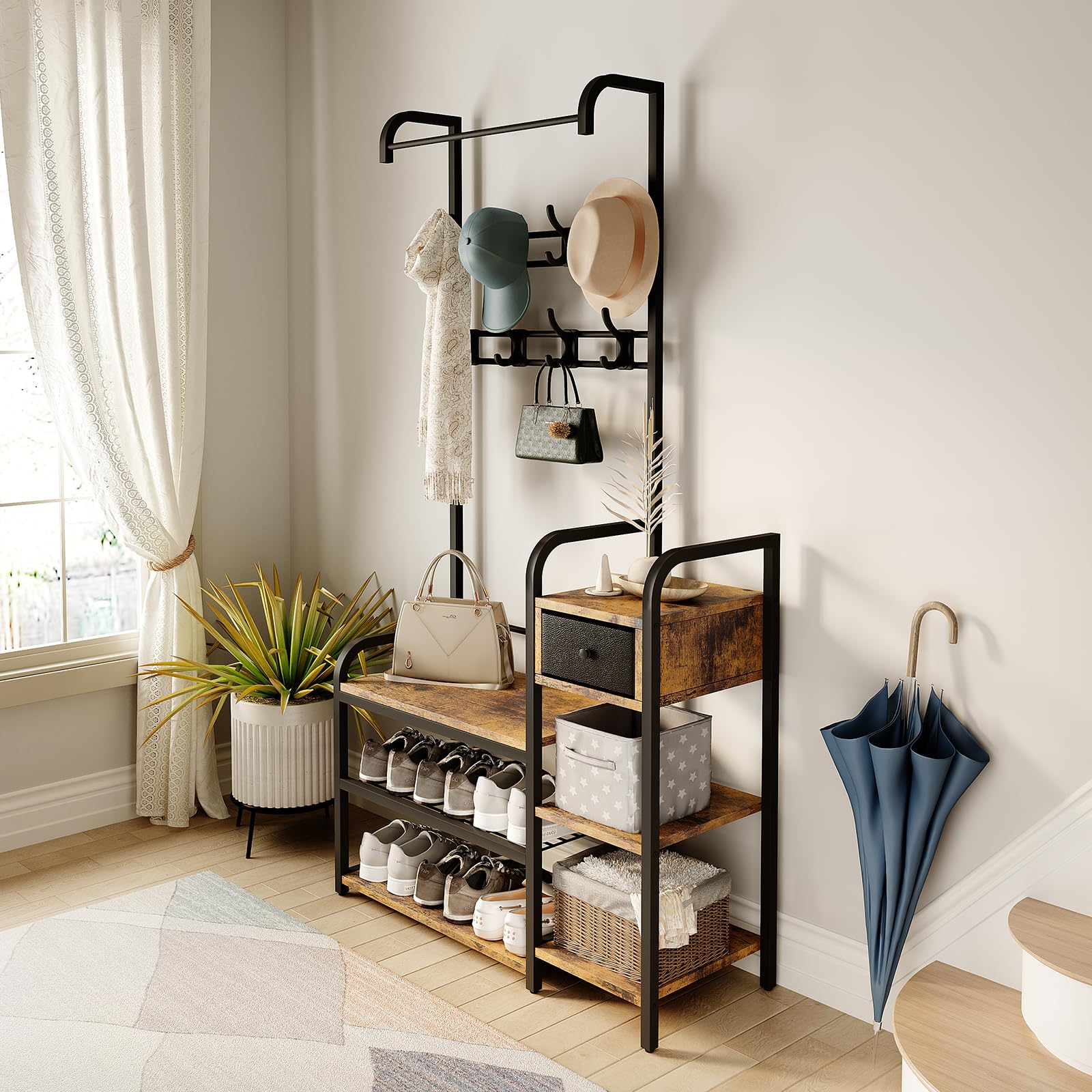 OPULENTHOME Vestiaire d'Entrée, Porte-Manteau, Meuble d'Entrée avec Étagère à Chaussures à 3 Niveaux, avec 1 Tiroir, 8 Crochets Mobiles pour Manteau, Parapluie, Chapeau, Écharpe Marron