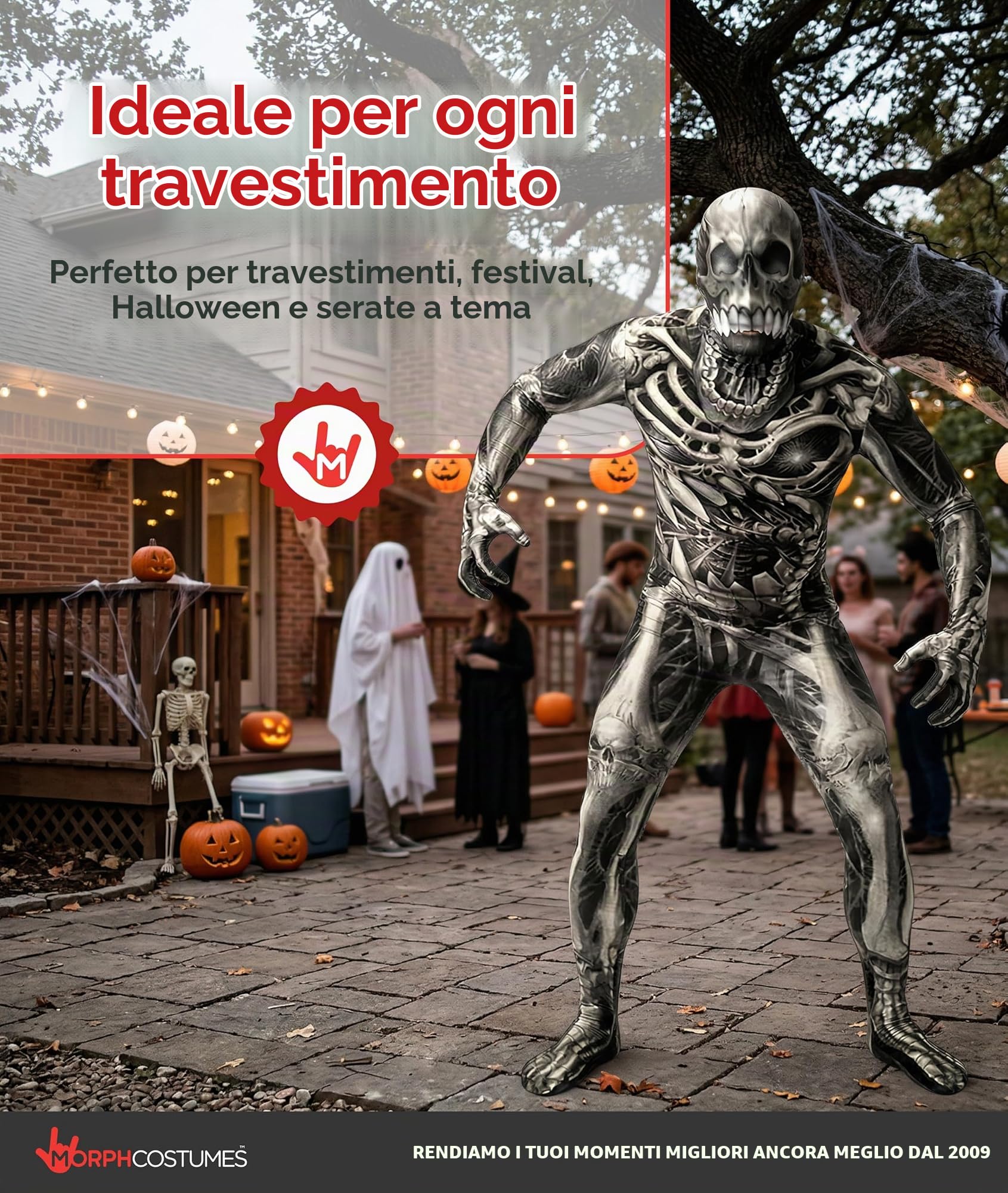 Morphsuits Costume Arachnomania Adulti, Costumi Halloween Uomo | Tuta Integrale Grigia con Cappuccio, Tinta Unita Versatile, Chiusura con Zip, Perfetto per Halloween, Ideale per il Cosplay