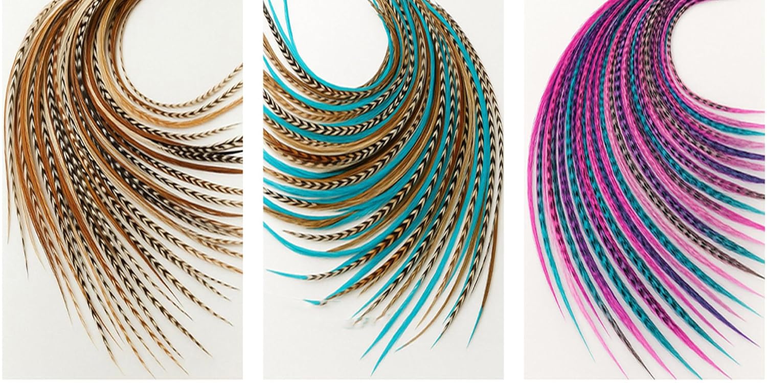 75-Piece Real Feather Hair Extensions Kit – 100% Genuine Rooster Feathers in Natural Browns, Purple & Pink, Aqua and browns Long thin Hair Feather, 75 Mixed color micro beads & loop tool for instal