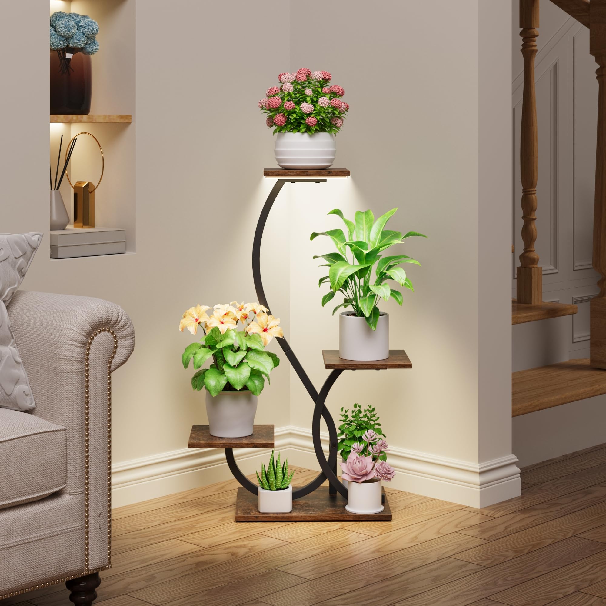 BACEKOLL Supporto per piante da interno con luci di crescita, mensola per piante a forma di S, supporto per piante ad angolo illuminato per coltivazione indoor, supporto per fiori in metallo da 81,3