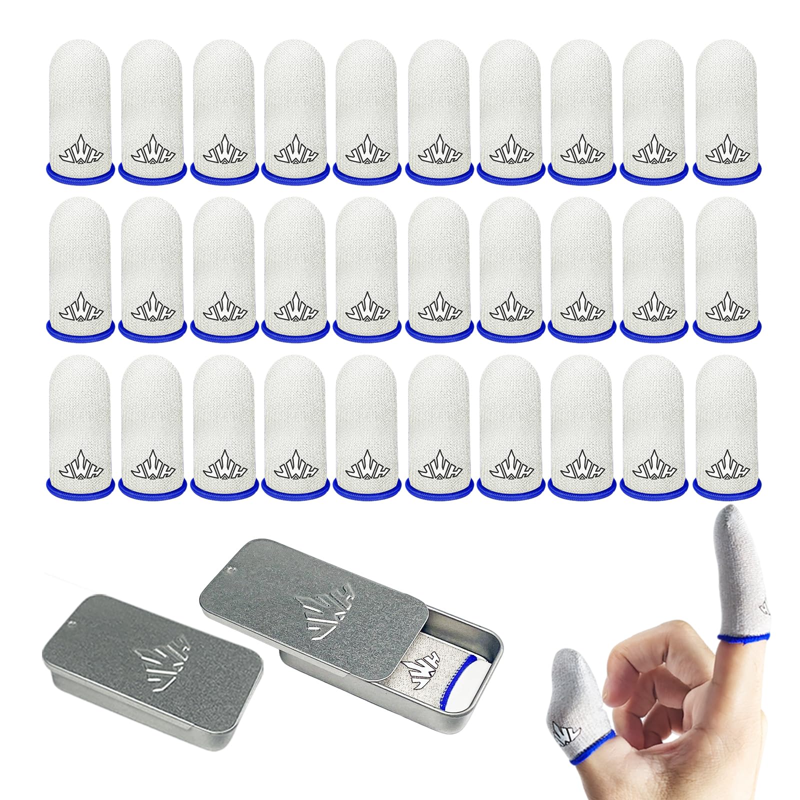30 Pack Ultra Thin Silver Fiber Gaming Finger Sleeves White Thumb Sleeves Mobile Gaming Breathable Cots Gaming Finger Gloves for Pubg Fundas para Dedos Dedales Gamer Profesionales White Silver(30pack,Storage Box)