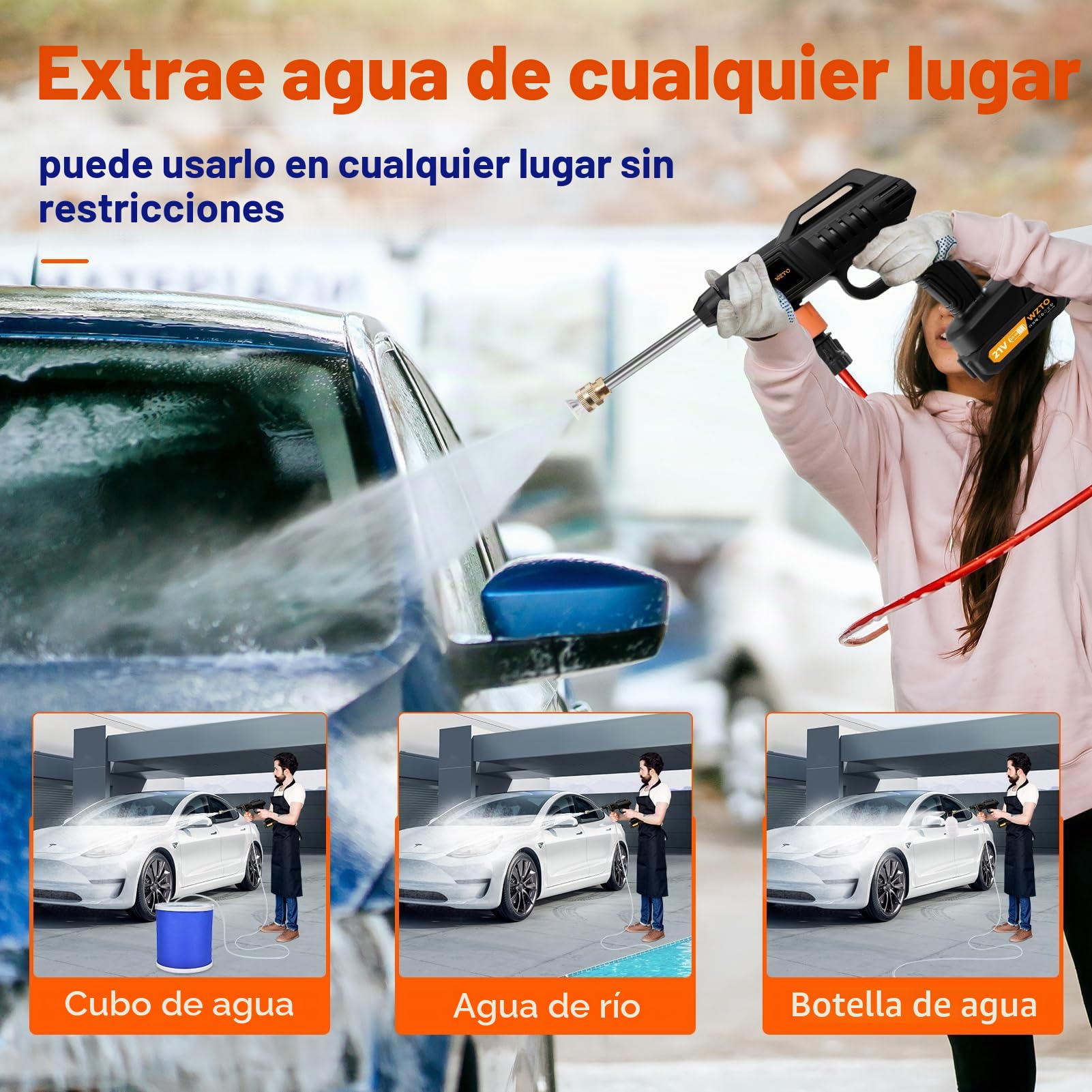 Hidrolimpiadora Batería 3000W con Cubo, Pistola Agua Presión Portátil 21V 2.0Ah con 2 Baterías, Limpiador Alta Presión Inalámbrico para Coche Moto Terraza, 60 Bar, 5M Manguera, 2 Boquillas