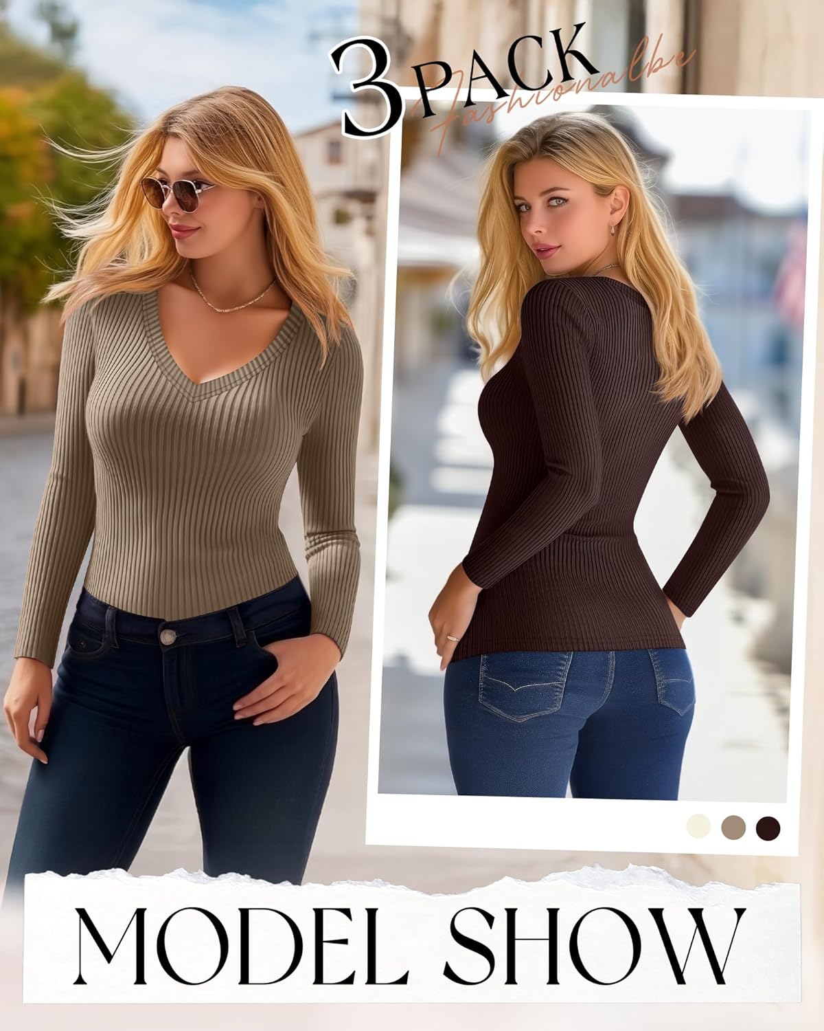 3 Pack Plus Size Thermal Shirts for Women Cotton Long Sleeve Ribbed Knit Tops V Neck Slim Fit Underwear Base Layer - Image 3