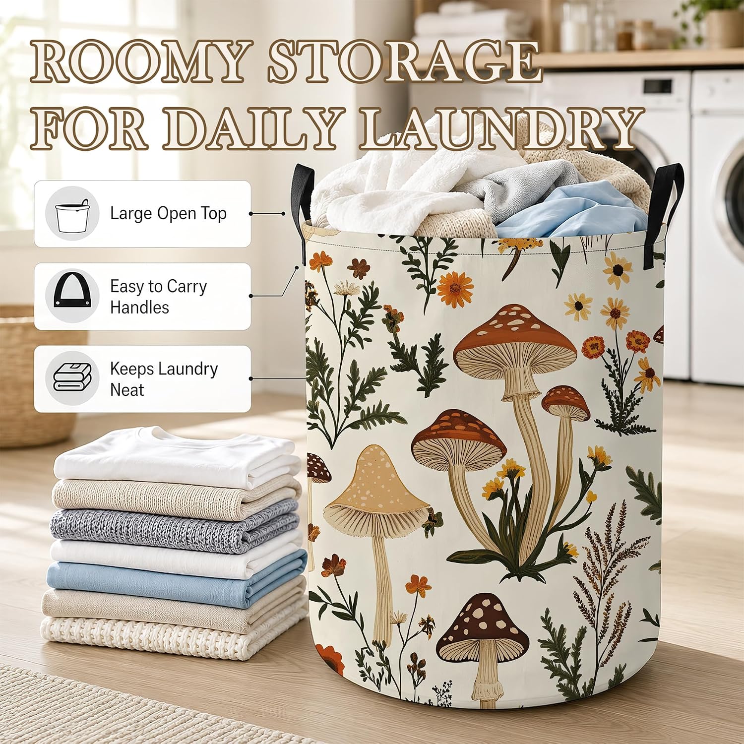 Mushroom Flower Laundry Basket, Foldable Oxford Cloth Botanical Garden Laundry Hamper with Handles, Tote Bag Clothes Storage Bucket for Laundry Room/Bathroom/Bedroom/Dormitories 20.8"x16" image 3
