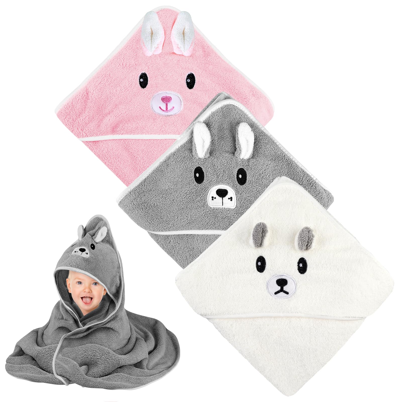3 Pièces Serviette De Bain Bébé 80x80cm Avec Capuche - Cape De Bain Douce Et Absorbante