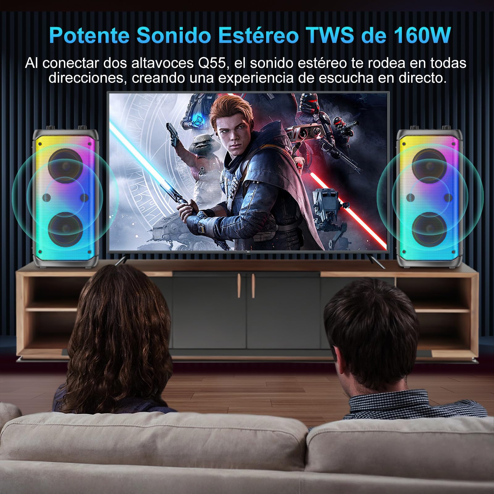 Altavoz Bluetooth, altavoces para exteriores con potencia máxima de 80 W, Bluetooth inalámbrico, altavoces portátiles TWS para fiestas con subwoofer, graves profundos, luces LED de colores (Negro) - 3