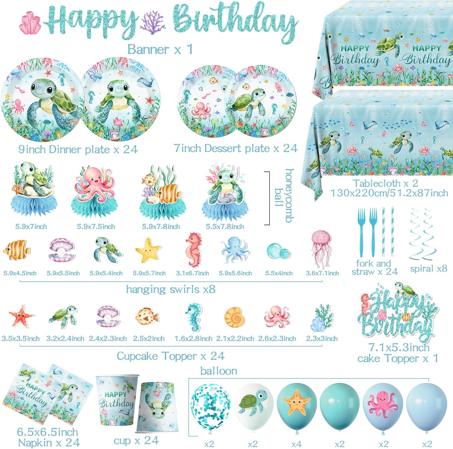 206pcs Ocean Turtle Birthday Party Supplies Under the Sea Decoration Ocean Sea Animal Disposable Plates Napkins,Tablecloth,Cups,Balloon,Forks,Cake Toppers for Sea Turtle Birthday Theme Decor,Serve 24