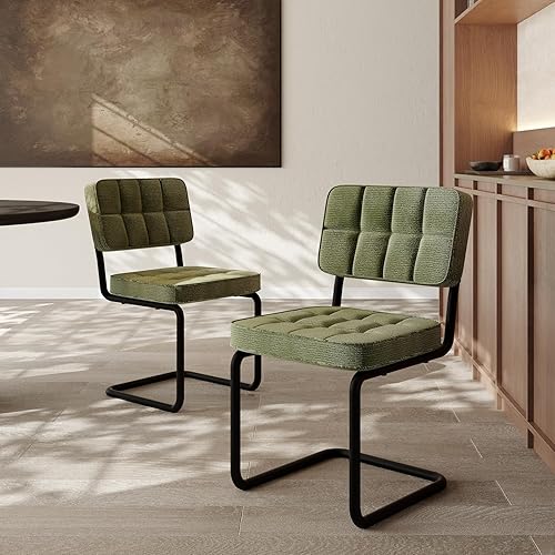 Miniatura 5 de Juego de 4 sillas de comedor modernas en voladizo de color verde, silla lateral de mediados de siglo, respaldo sin brazos, asiento tapizado, base de