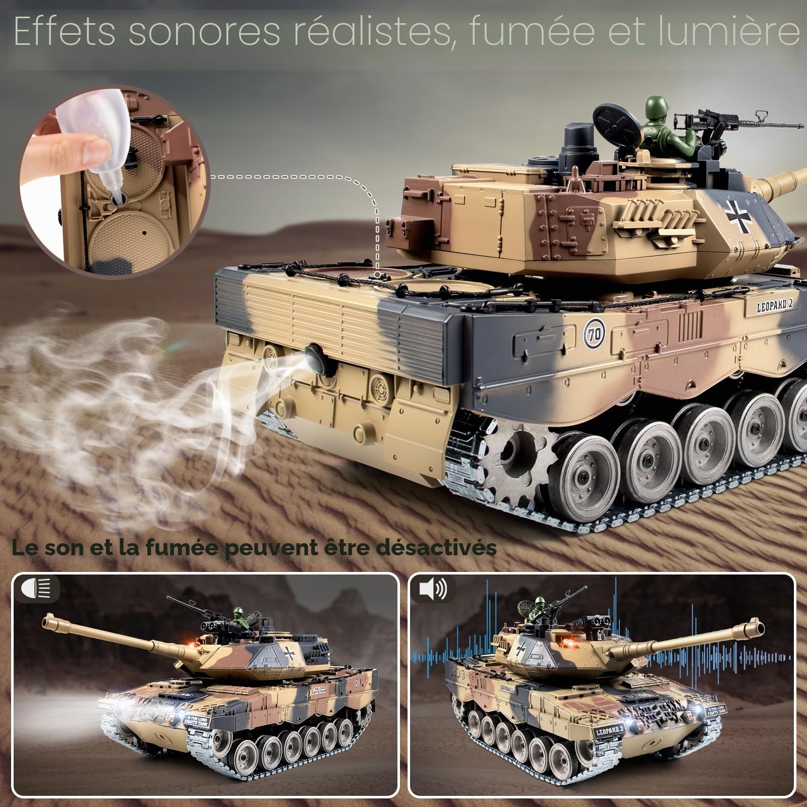 Tank Telecommande Leopard II 1:18, Tank Militaire Télécommandé Recul Réaliste, Effet Fumée, Lumières, Sons, Maquette Char de Combat avec Fonction de Tir Billes, Véhicule Armée Enfants et Adultes