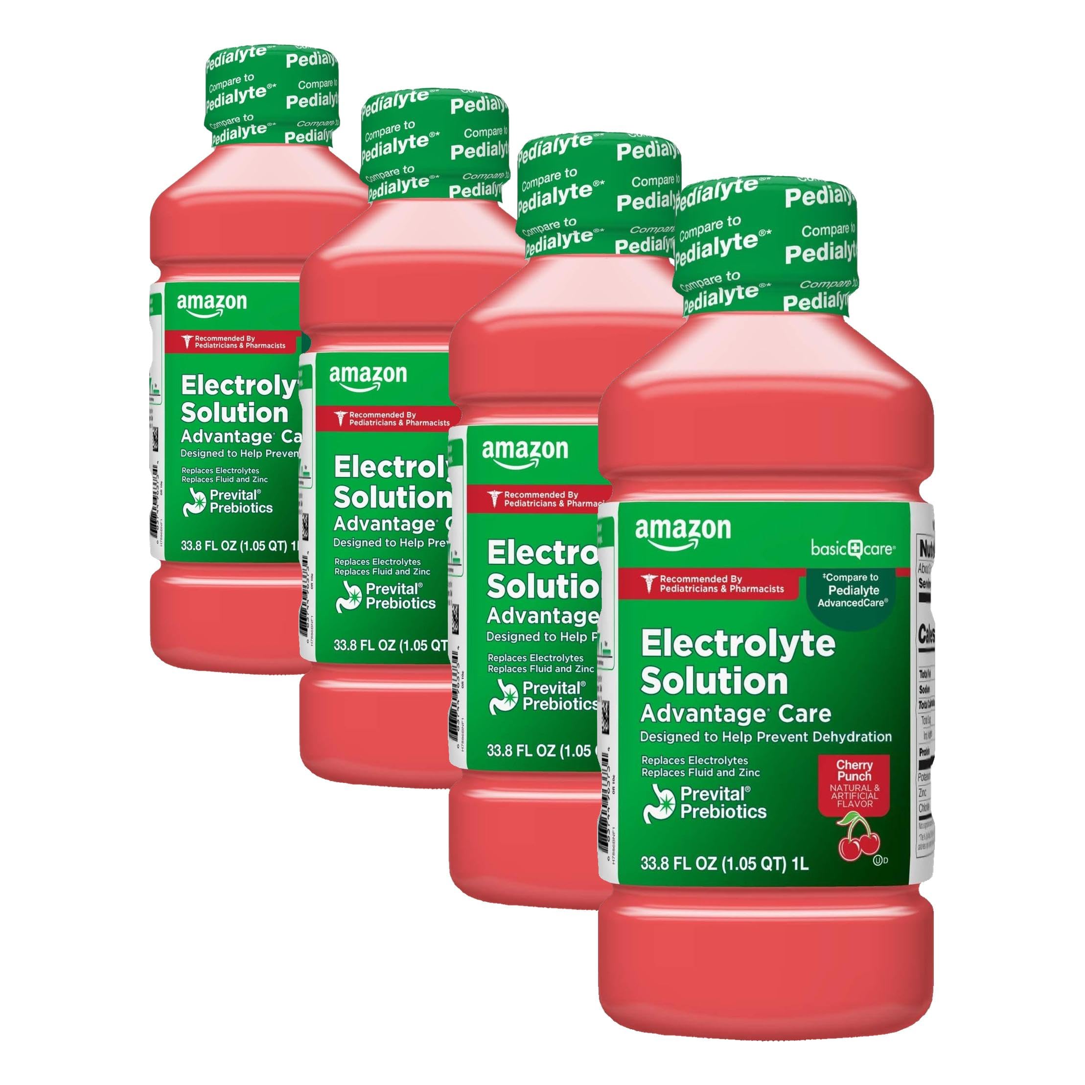 Amazon Basic Care Electrolyte Solution Advantage Care with PreVital Prebiotics, Cherry Punch, Designed to Help Prevent Dehydration, Replaces Electrolytes, Fluid and Zinc, 33.8 fl oz (Pack of 4)