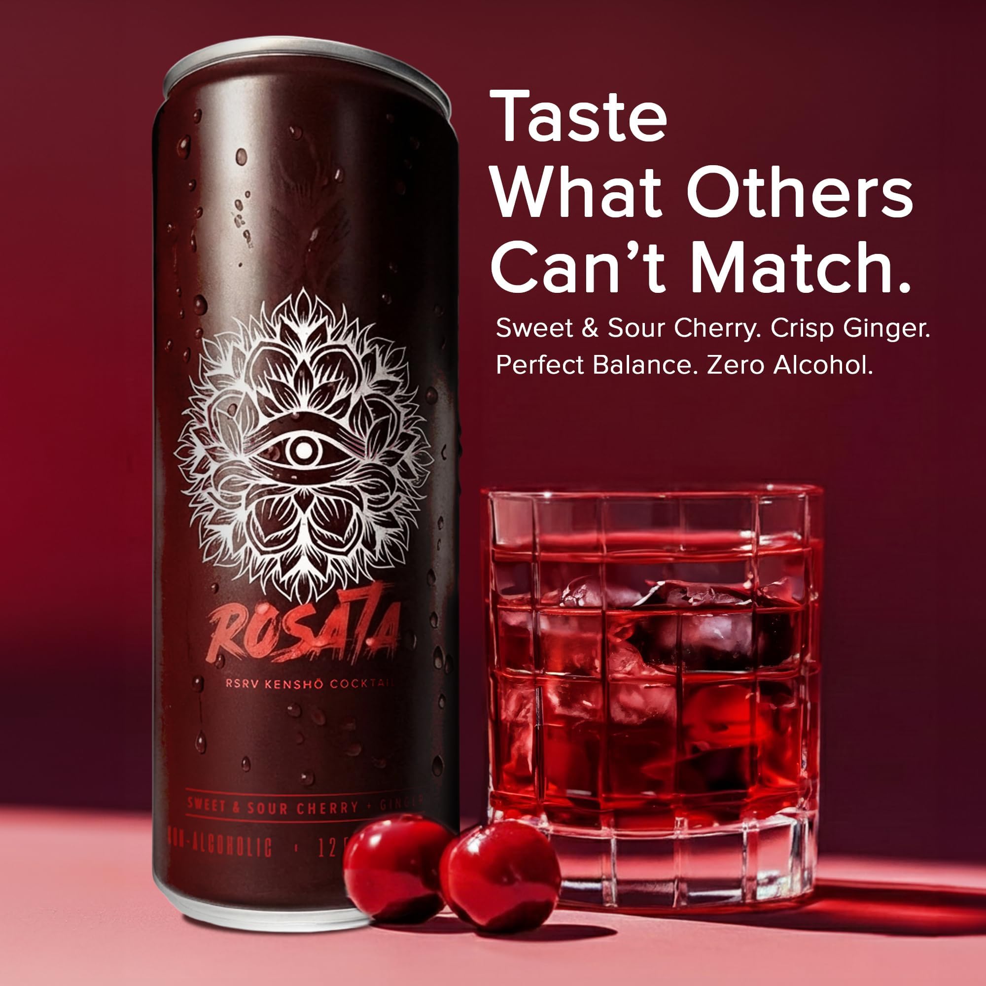 RSRV Kenshō Cocktails – Premium Non Alcoholic Drinks for Adults – Ready-to-Drink Craft Mocktails with Natural Ingredients – 60 Calories, Vegan – Rosata (Sweet & Sour Cherry & Ginger, 12oz, Pack of 12)