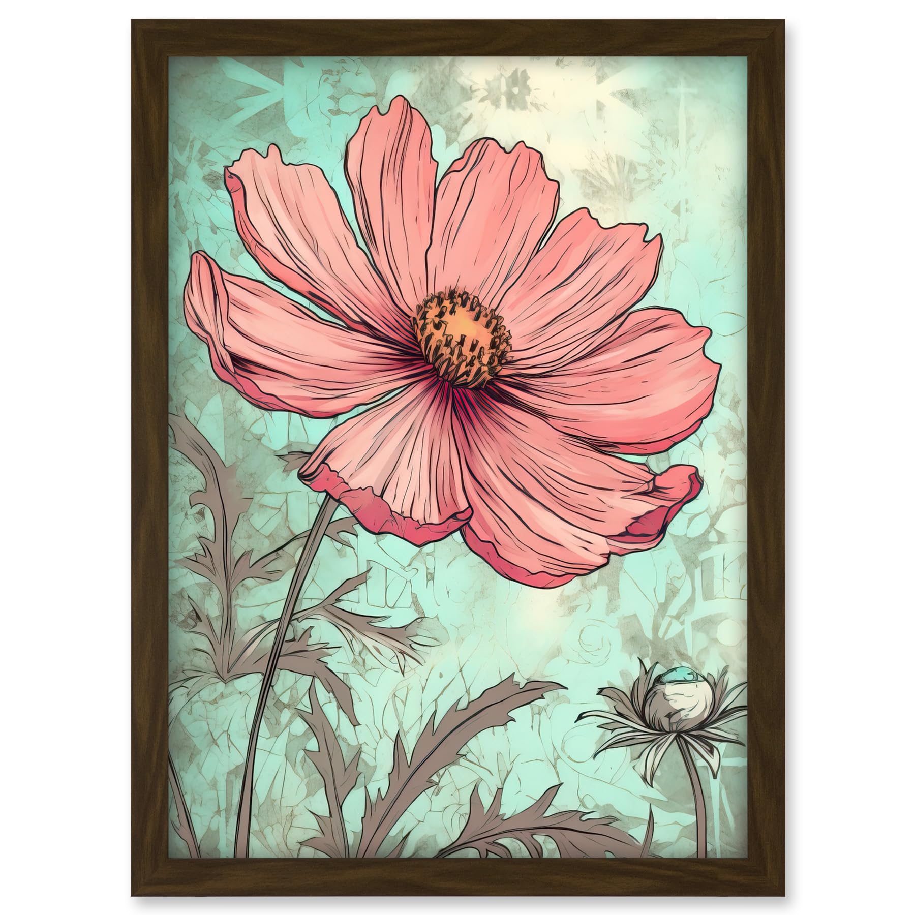 Artery8 Cosmos Flower Bloom Soft Pink and Teal Watercolour Artwork Framed A3 Wall Art Print