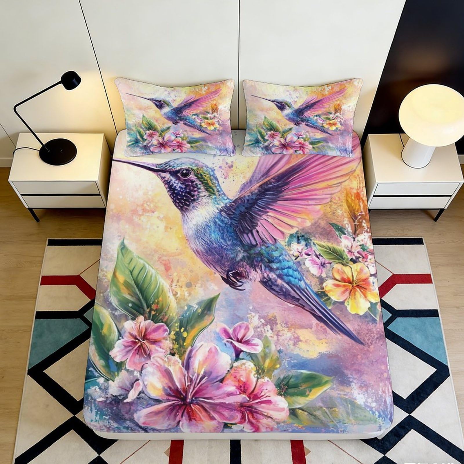 3D Printed Hummingbird Floral Fitted Sheet Microfiber Soft Bed Cover Vibrant Bedroom Decor for Home Dorm Guest Room 90x200x25cm
