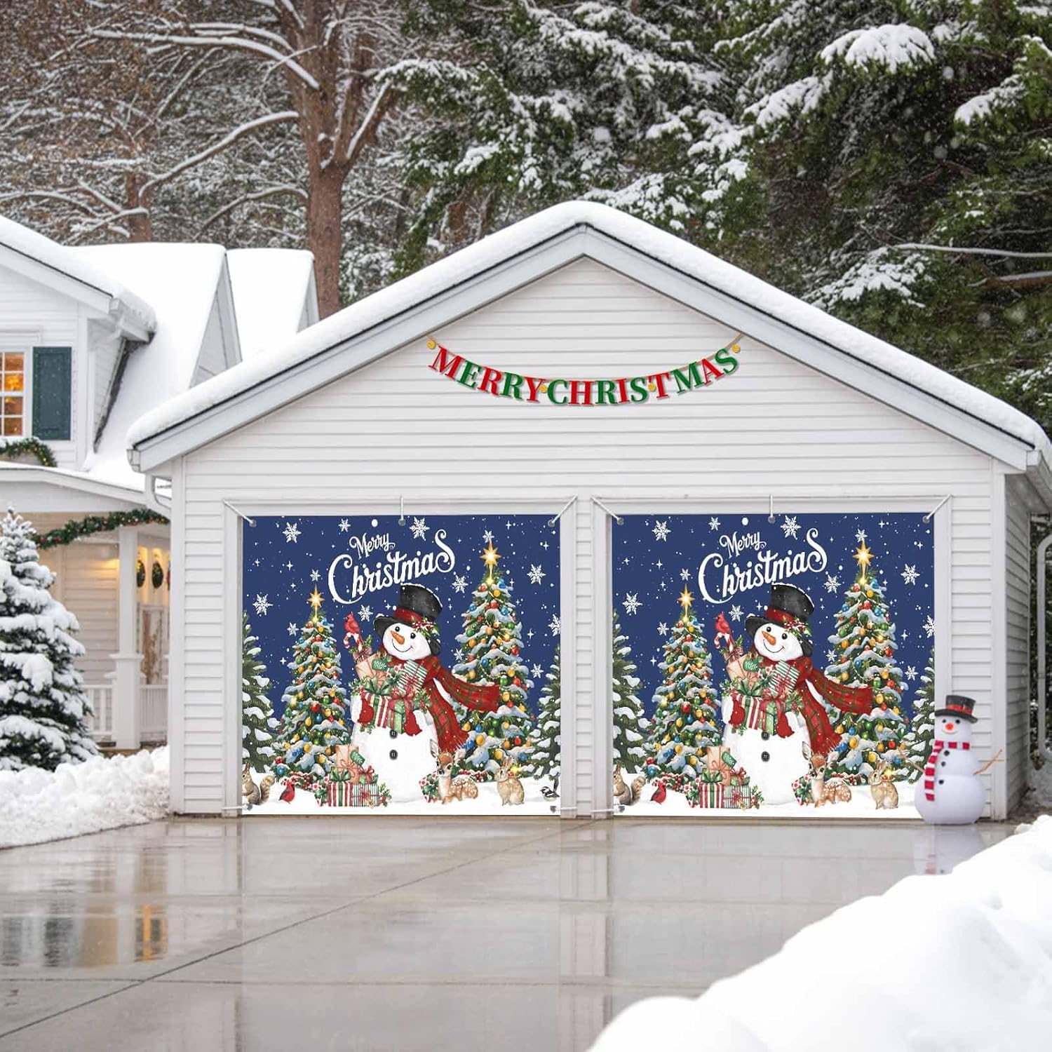 Navy Blue Christmas Garage Door Covers for Thanksgiving Christmas Decorations, Snowman Xmas Tree Garage Door Banner 7x8 Ft, Snowflake Winter Gifts Holiday Outdoor Decor Backdrop