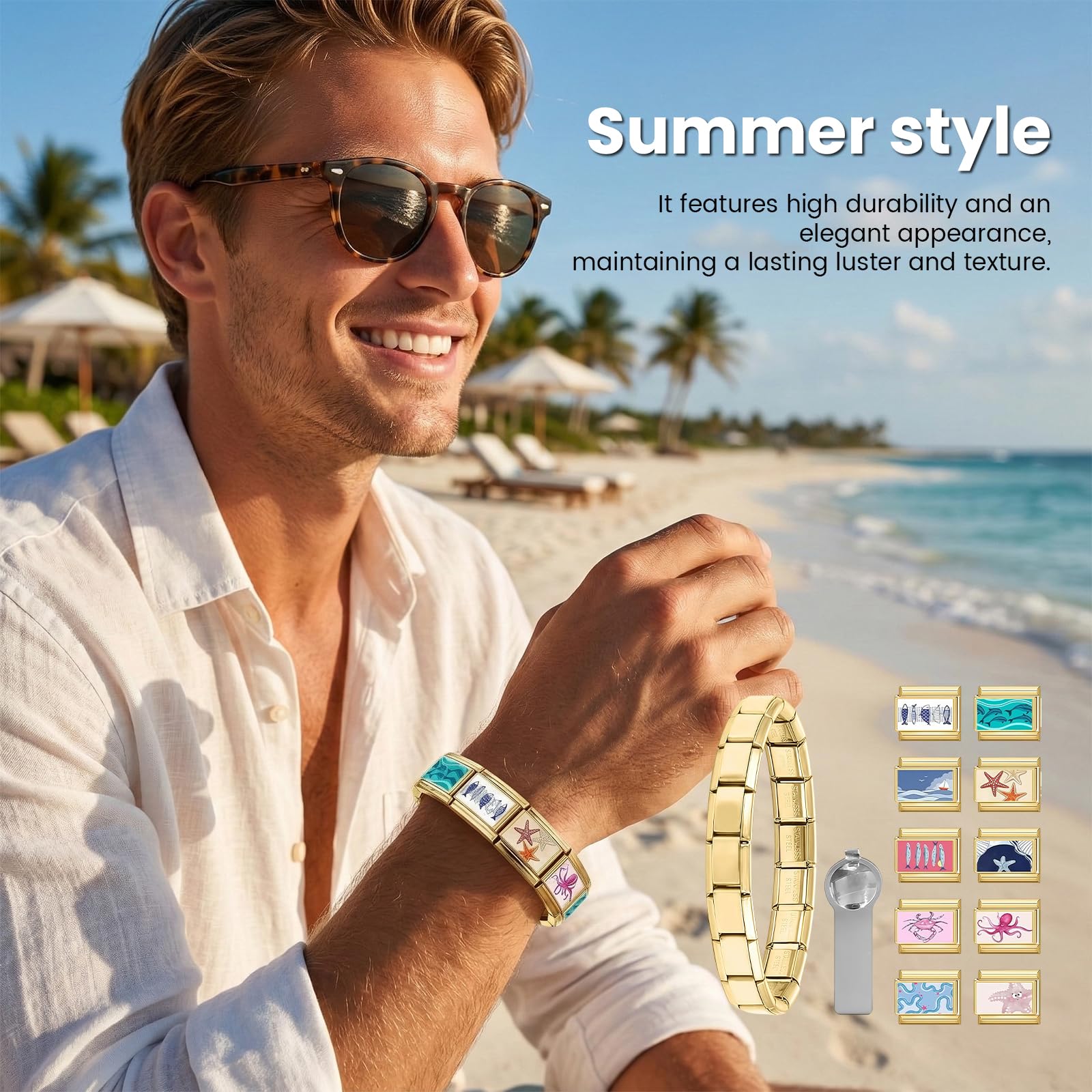 Pulsera Italiana de Encantos Conjunto de Brazalete Dorado con 1 Pulsera Inicial, 10 Encantos Italianos Temáticos del Océano con Herramienta de Apertura, 9 mm Encantos Italianos Modulares,