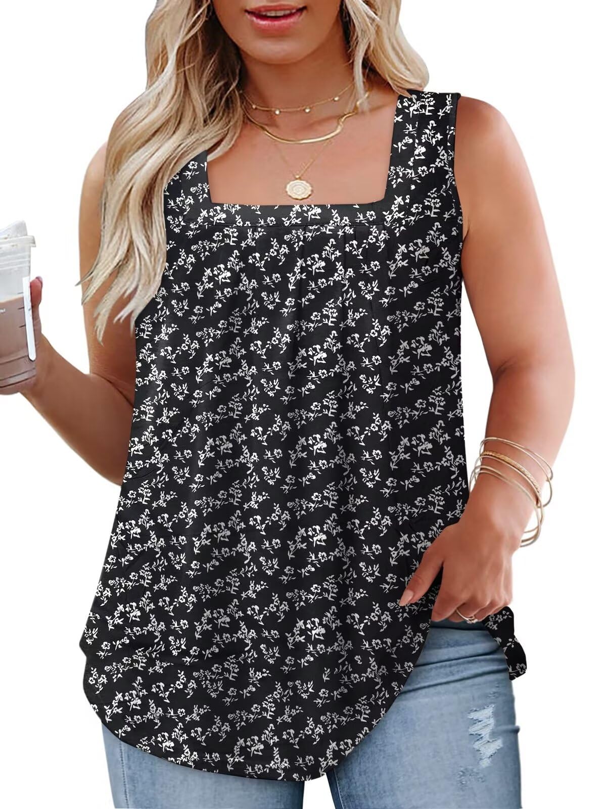 DOLNINE Womens-Plus-Size-Tank-Tops Casual Sleeveless Square Neck Flowy Tunic Shirts XL-5XL