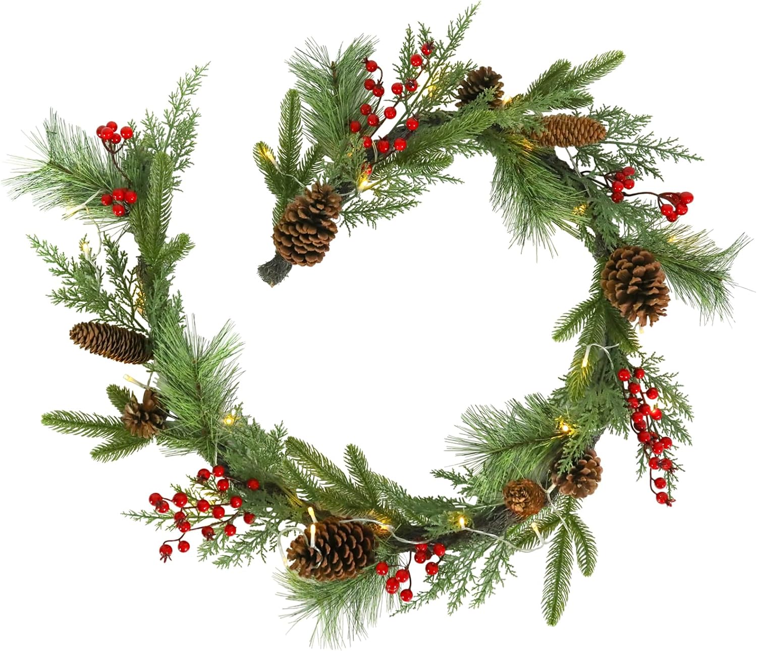MUMTOP Christmas Garland, 6 FT Battery Operated Christmas Garlands with LED Lights and Red Berries Pine Cones for Fireplace Mantle Table Window Front Door Wall Home Christmas Decorations