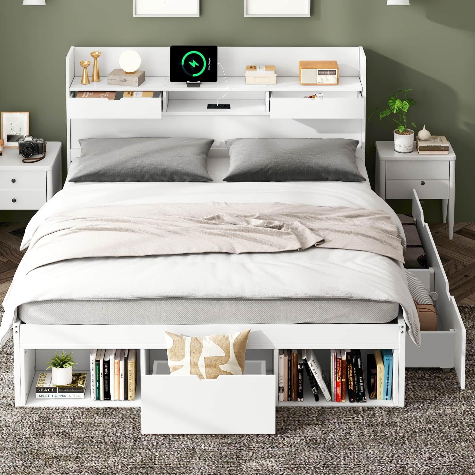 EURHCIO Lit Double 140x190cm,Lit Coffre avec Compartiments et Tiroirs de Rangement,Port USB,Sommier à Lattes,pour Enfant Adolescent Adulte,sans Matelas,Blanc (140x190)